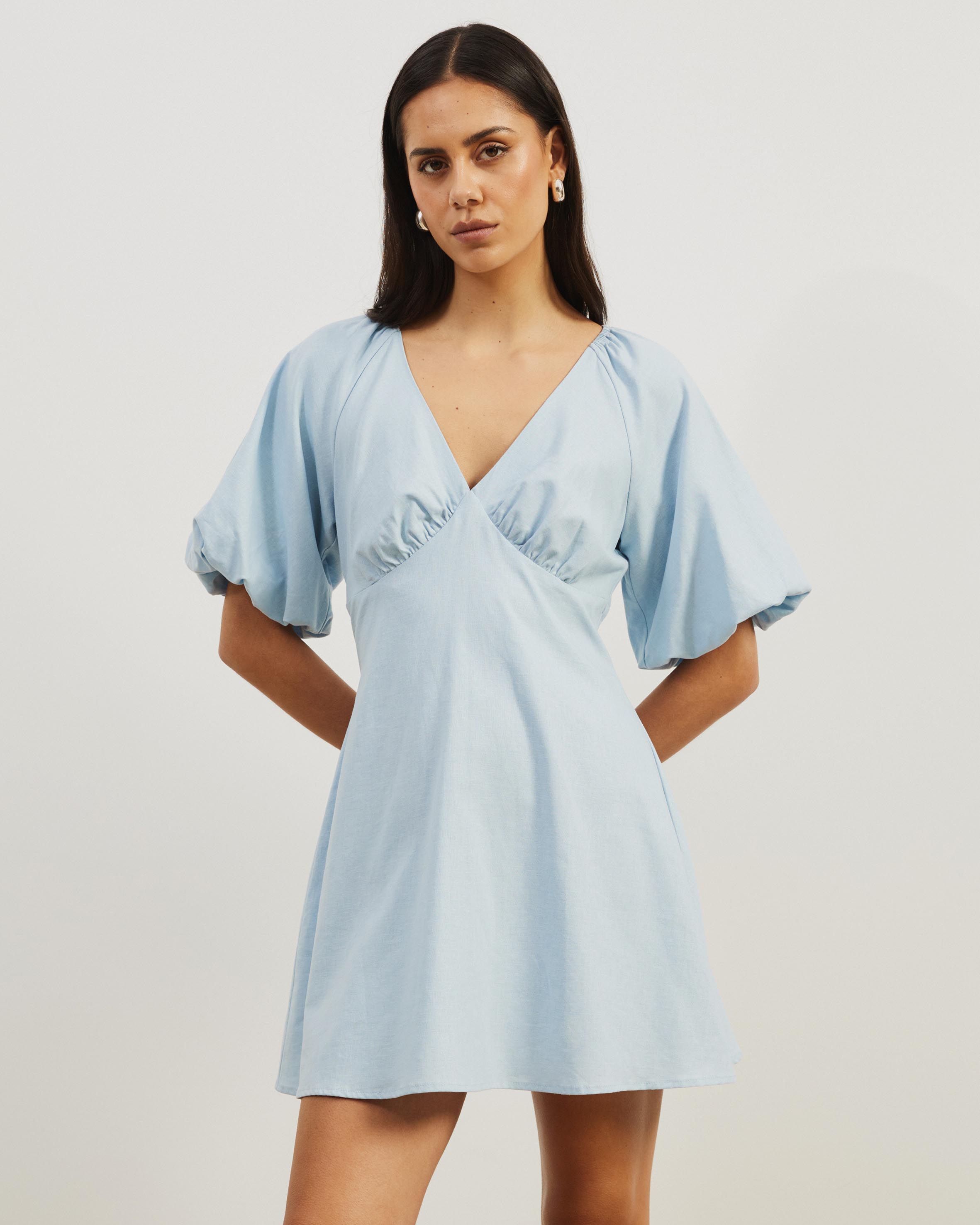 Kelly Linen Blend Puff Sleeve Mini Dress