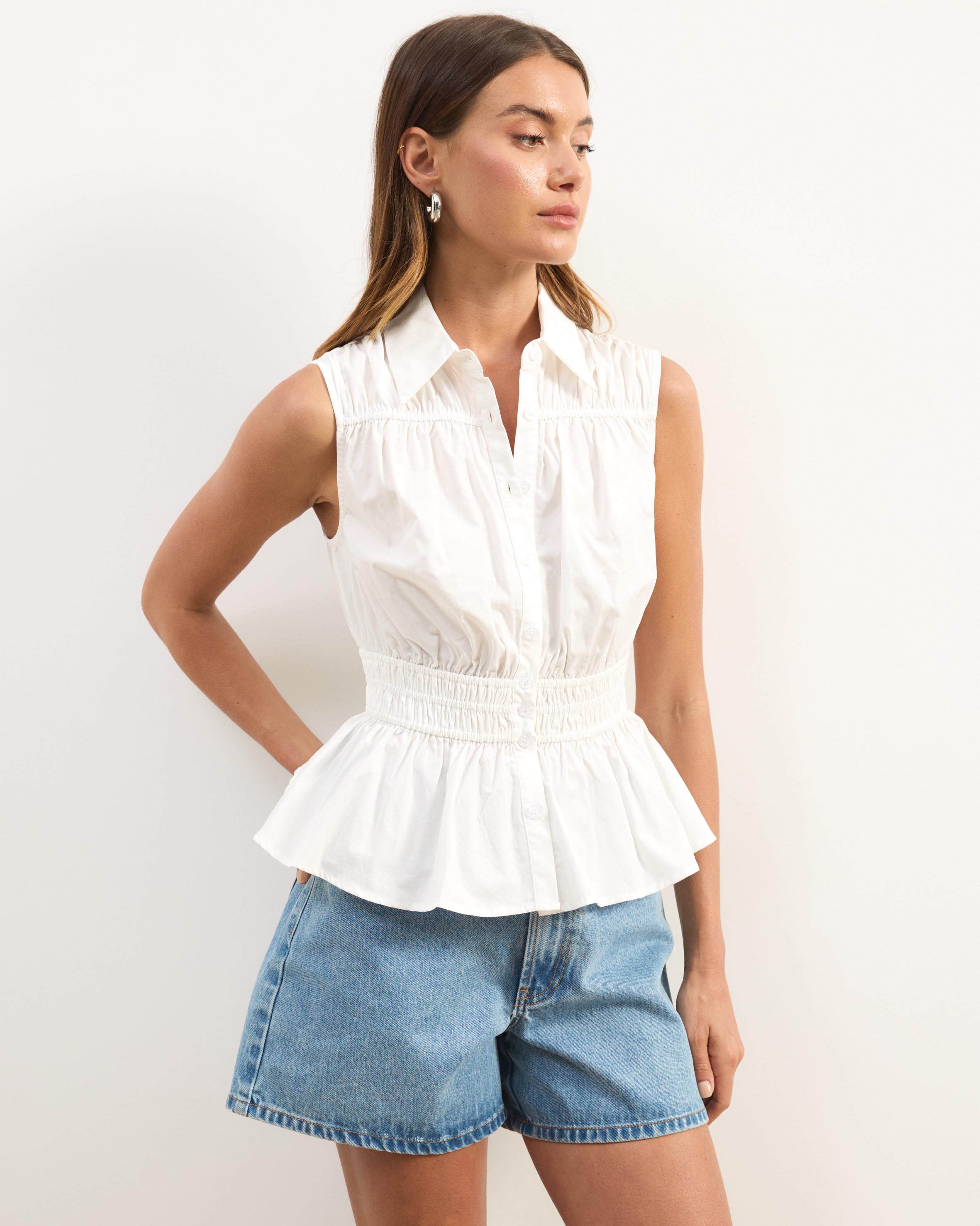 Casey Sleeveless Cotton Shirring Shirt