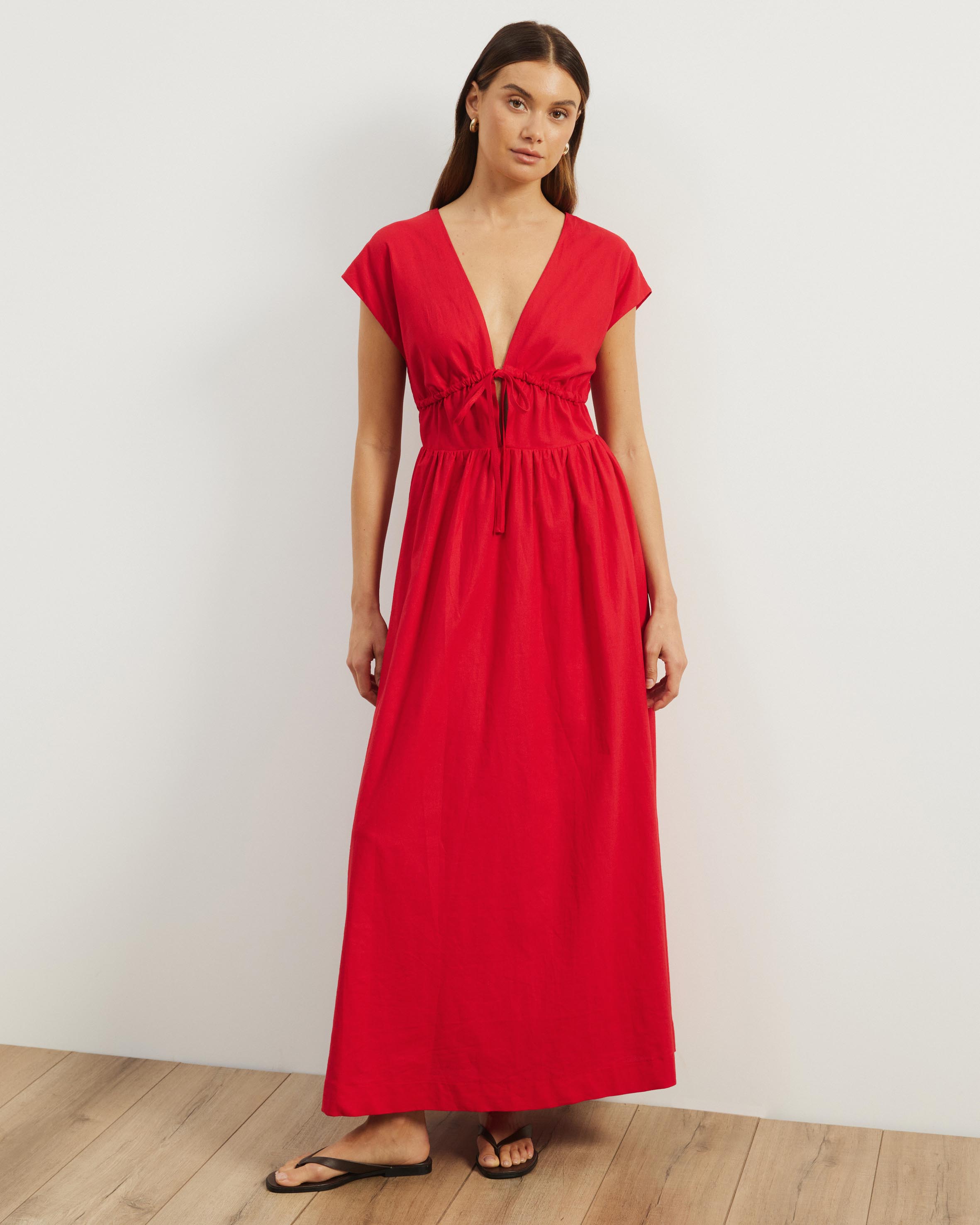 Anna Tie Front Linen Blend Maxi Dress