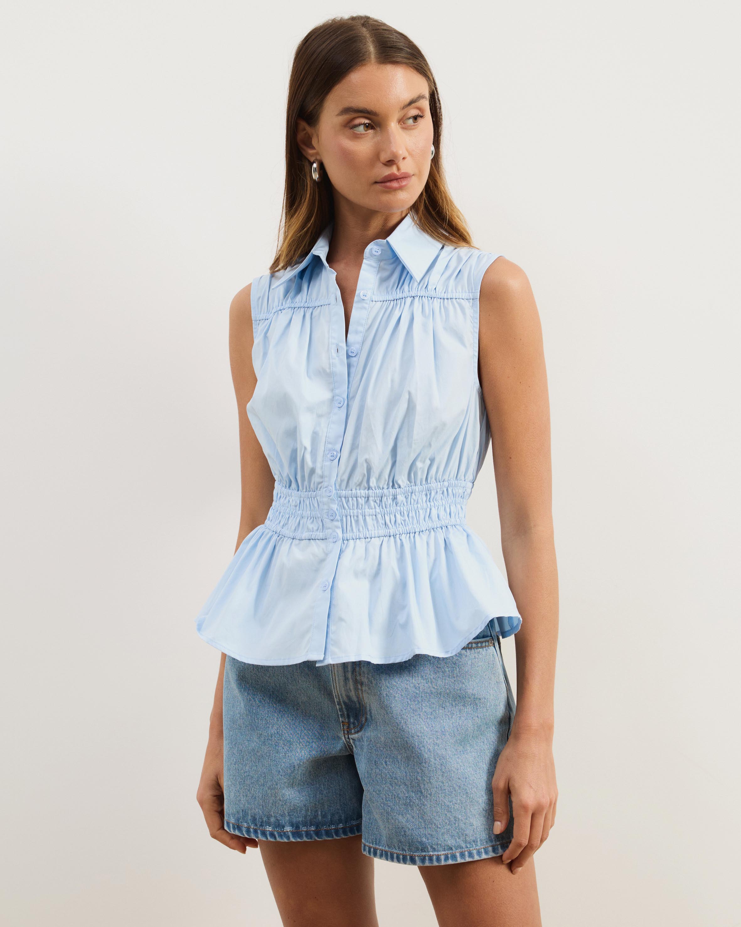 Casey Sleeveless Cotton Shirring Shirt