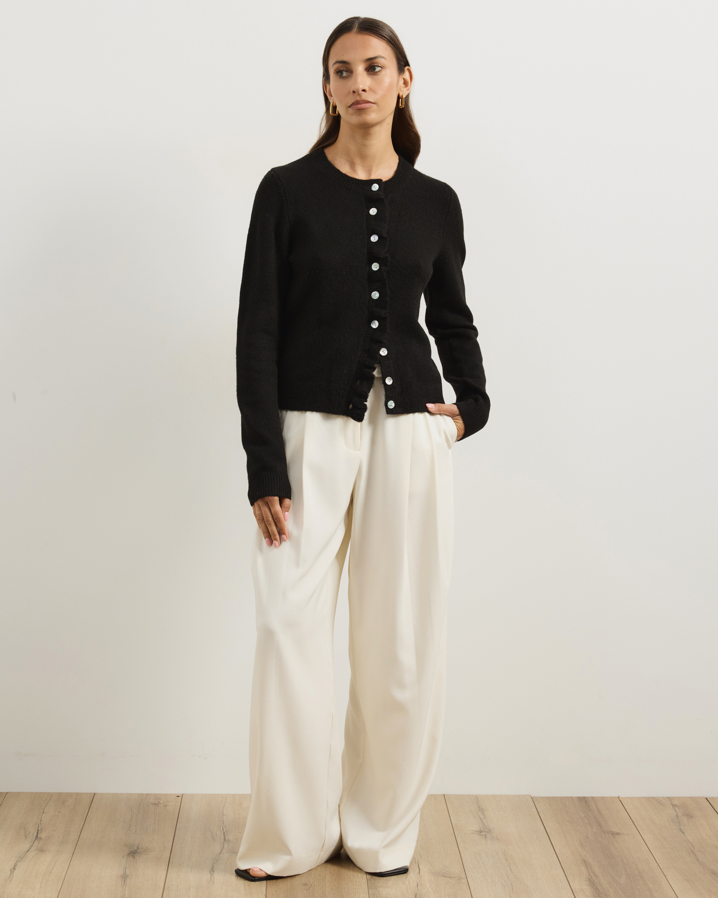 Kyra Long Sleeve Knit Lettuce Trim Cardigan
