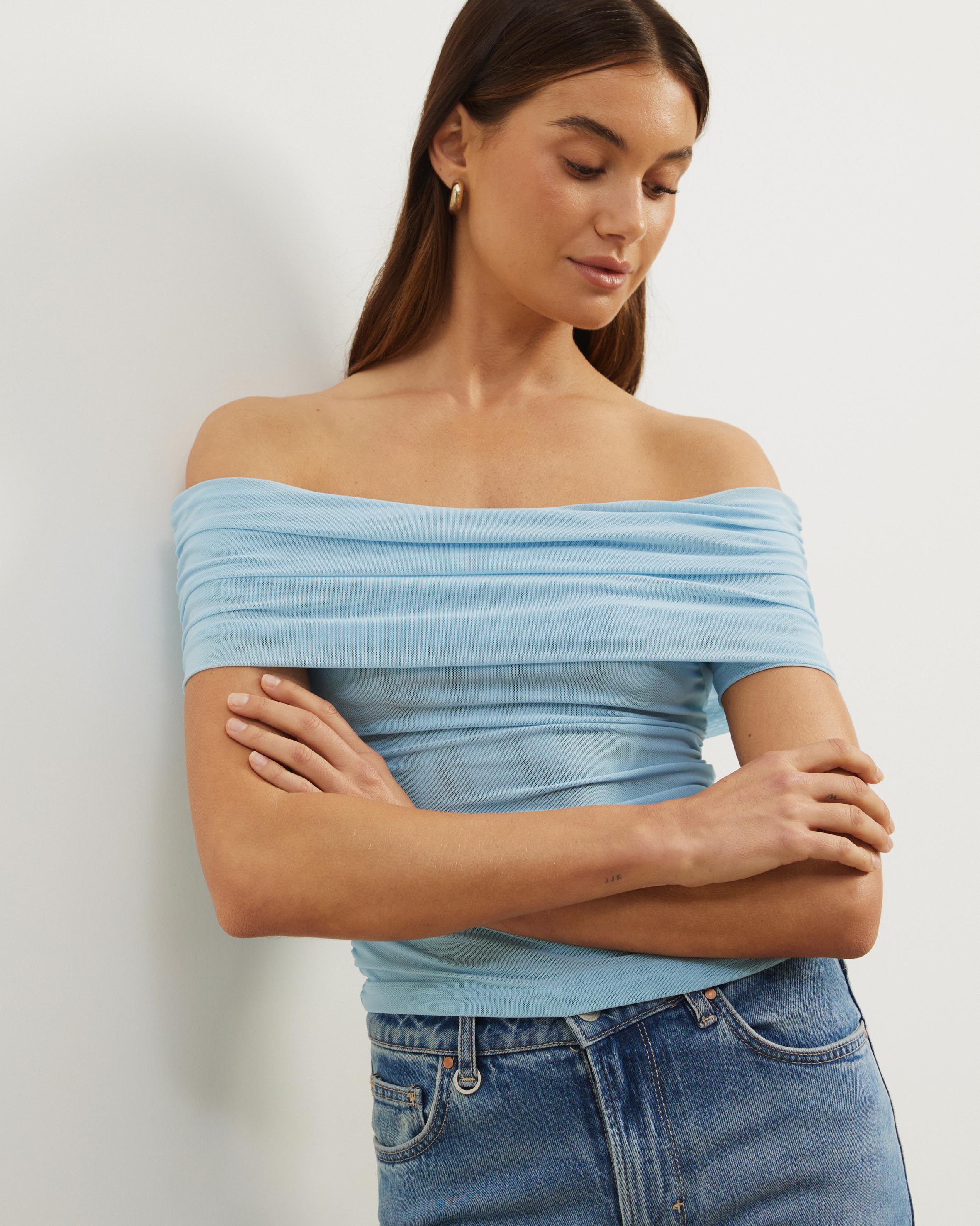 Elka Short Sleeve Mesh Off Shoulder Top