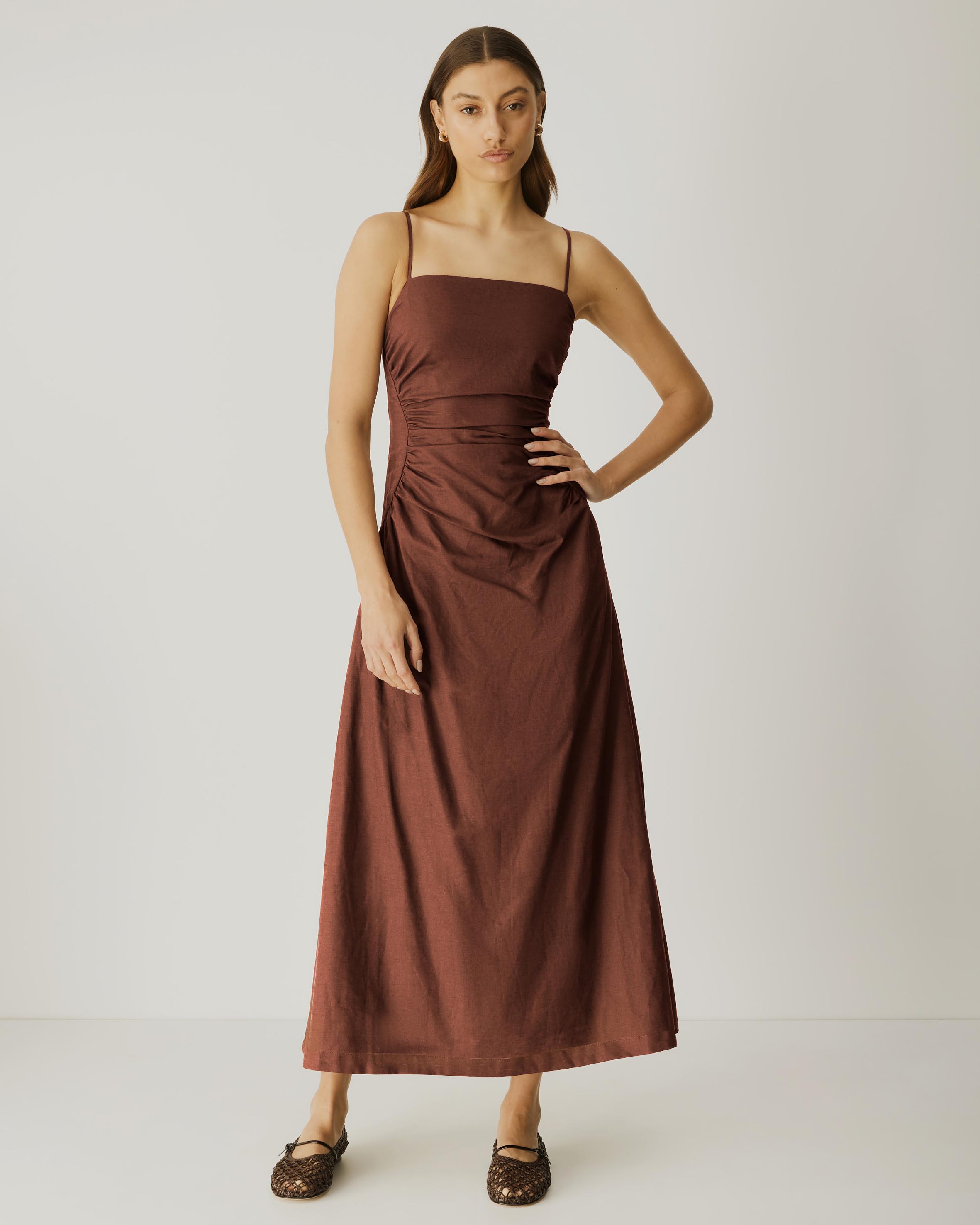 Cinch Waist Linen Blend Midi Dress