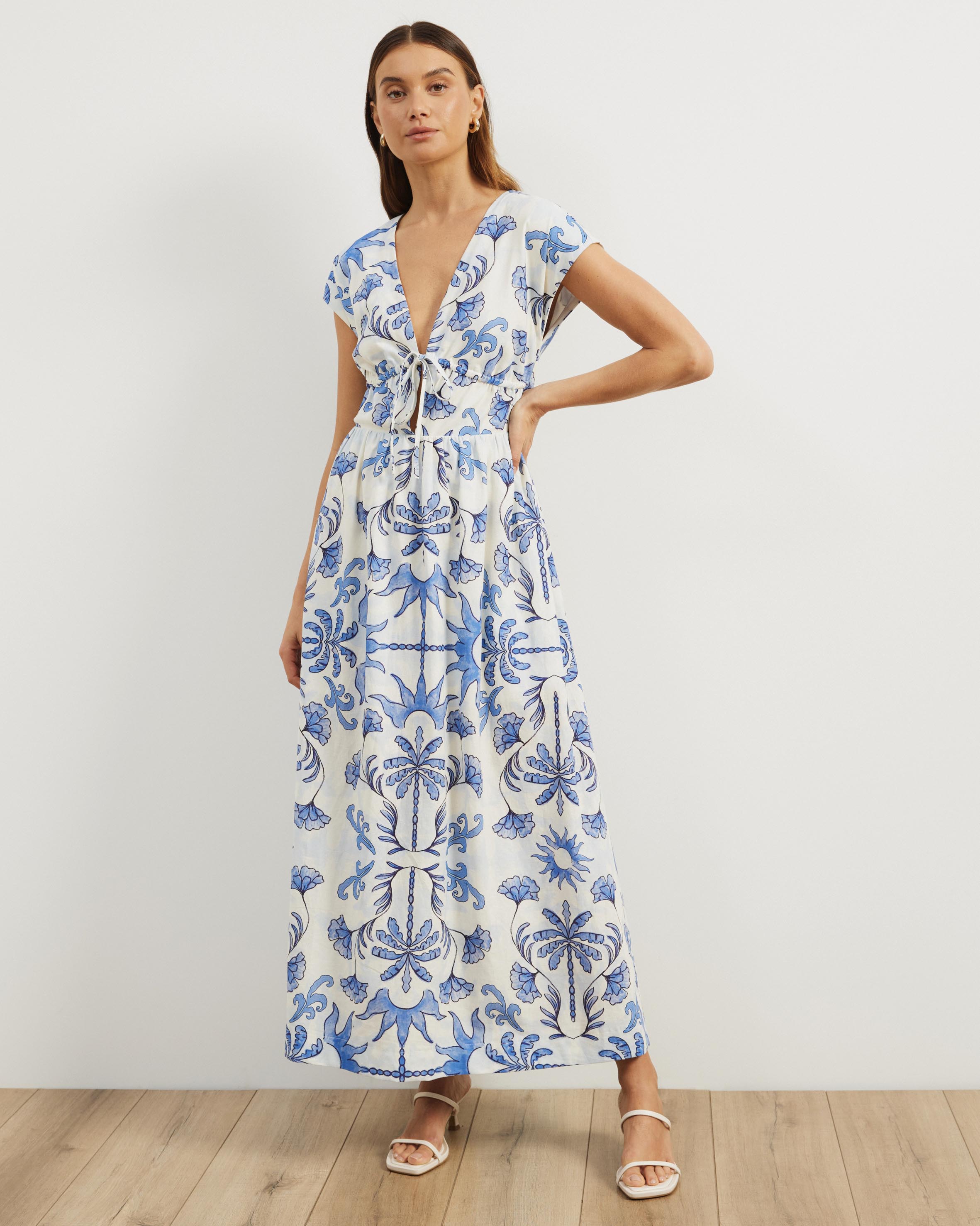 Anna Tie Front Linen Blend Maxi Dress