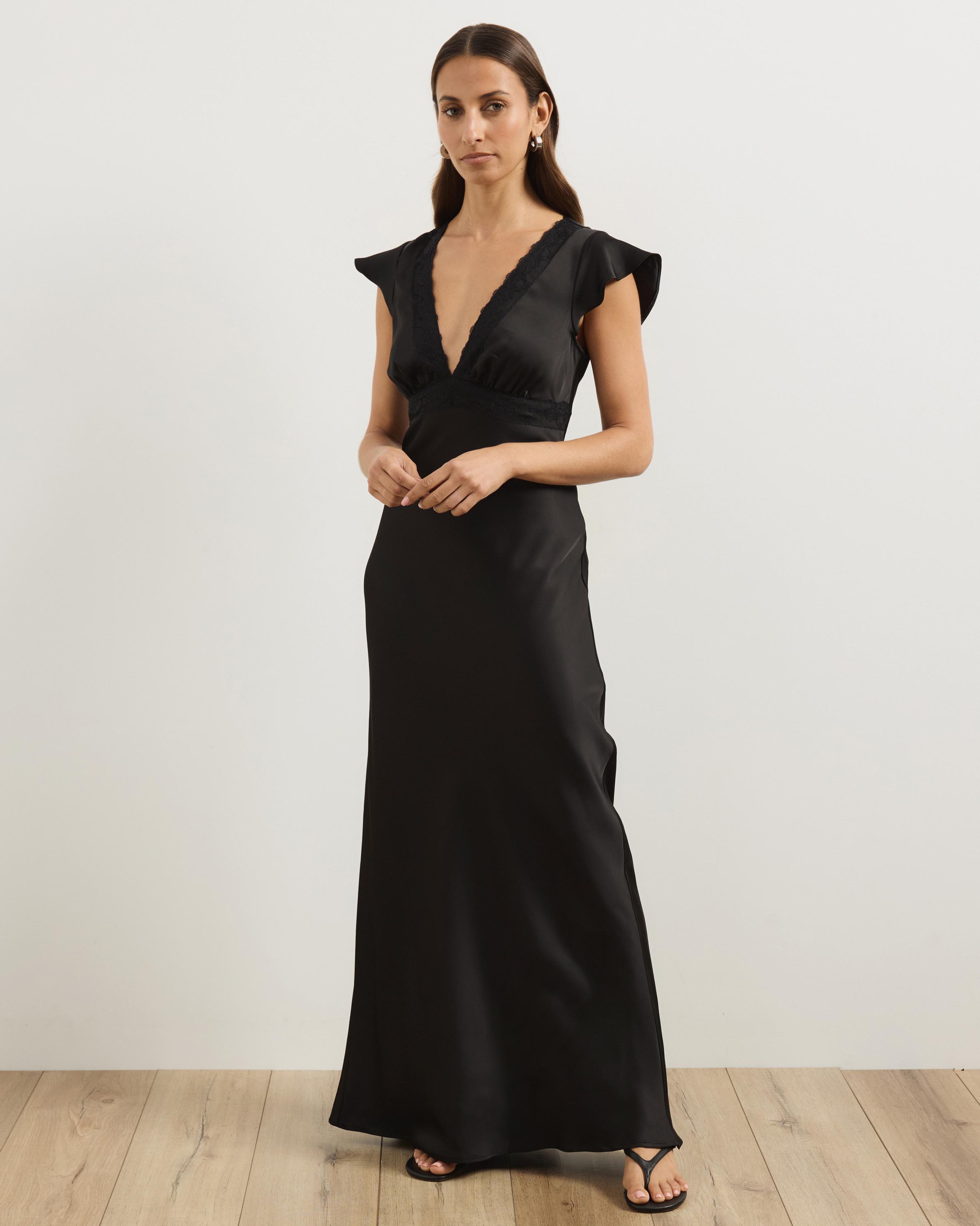Becca Lace Trim Satin Maxi Dress