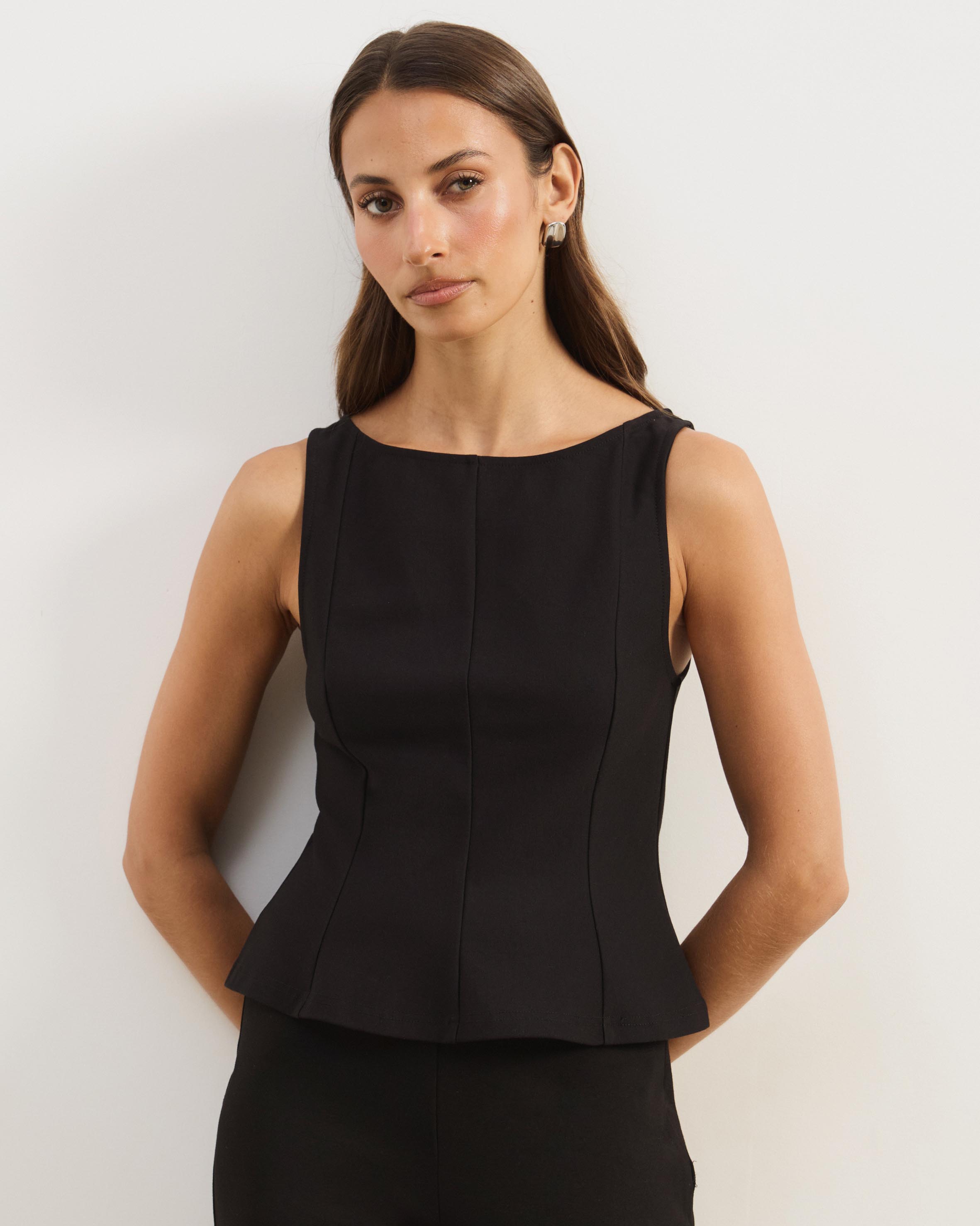 Eleni Sleeveless Peplum Ponte Structured Top