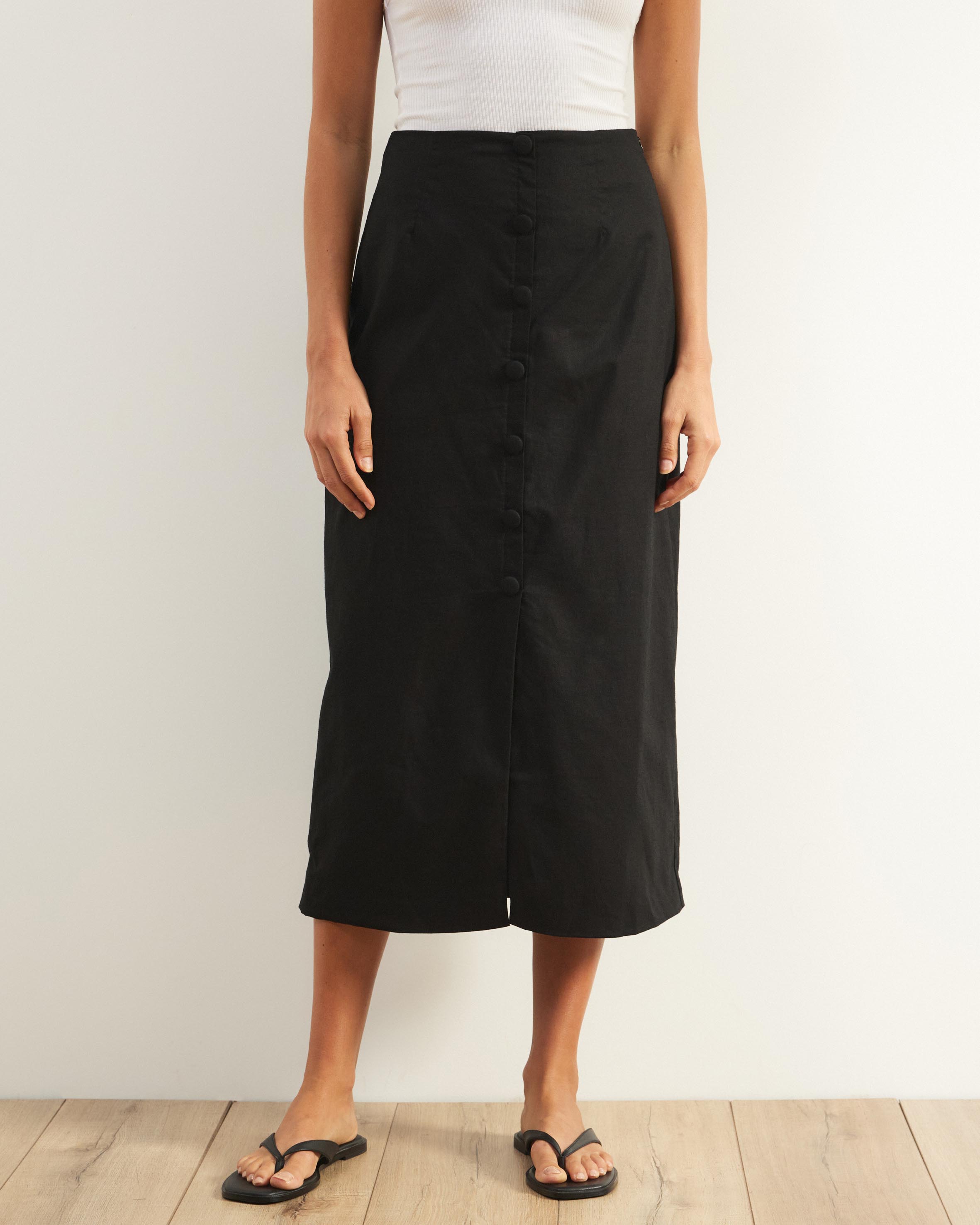 Isla Linen Blend Button Up Midi Skirt
