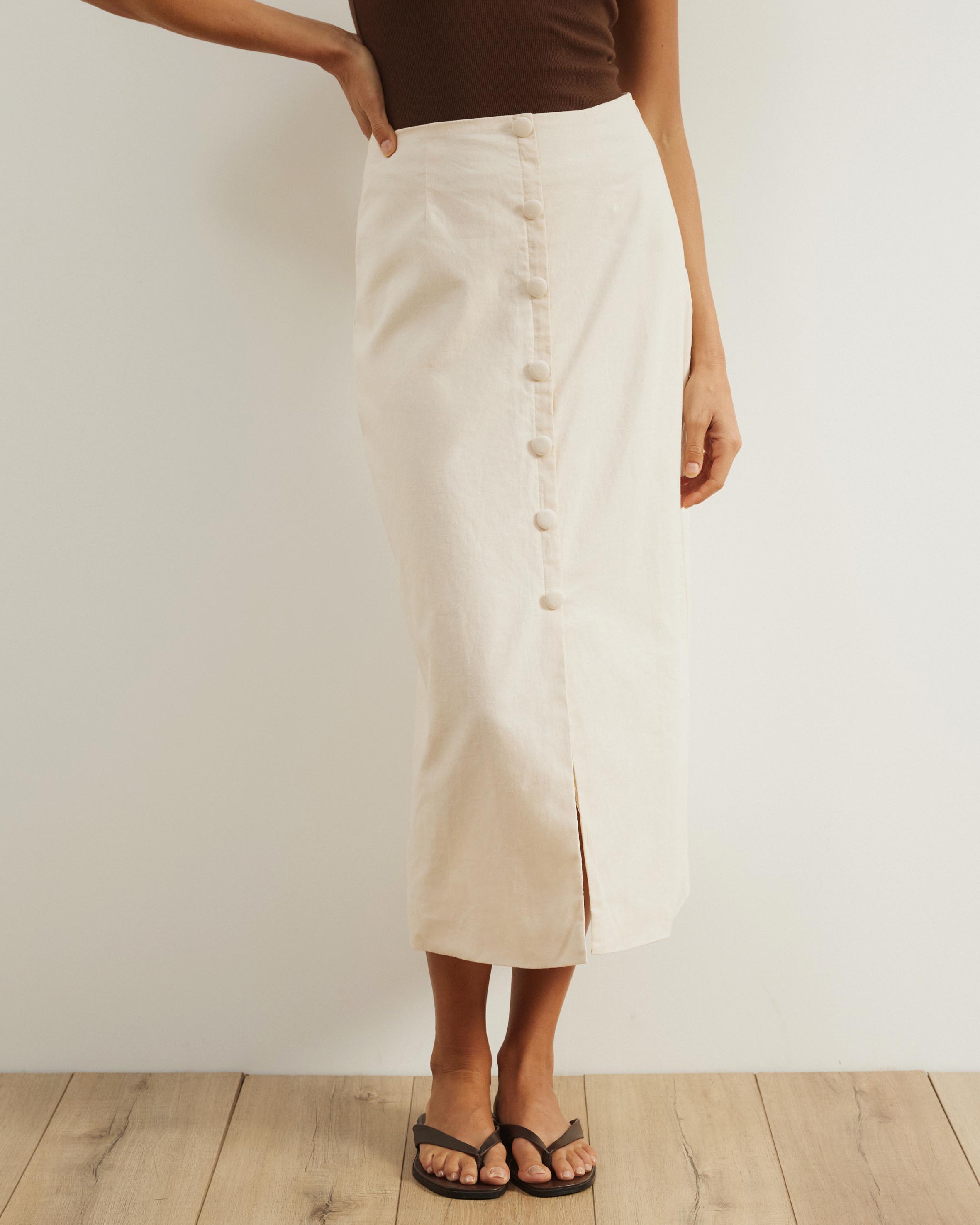 Isla Linen Blend Button Up Midi Skirt