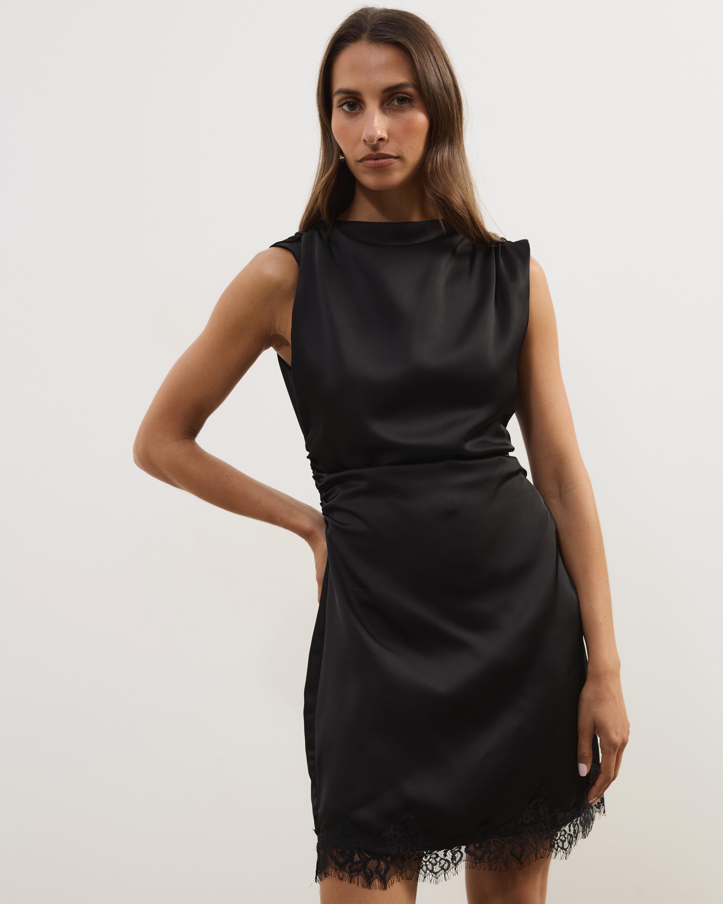 Sara Satin Mini Dress With Lace Trim