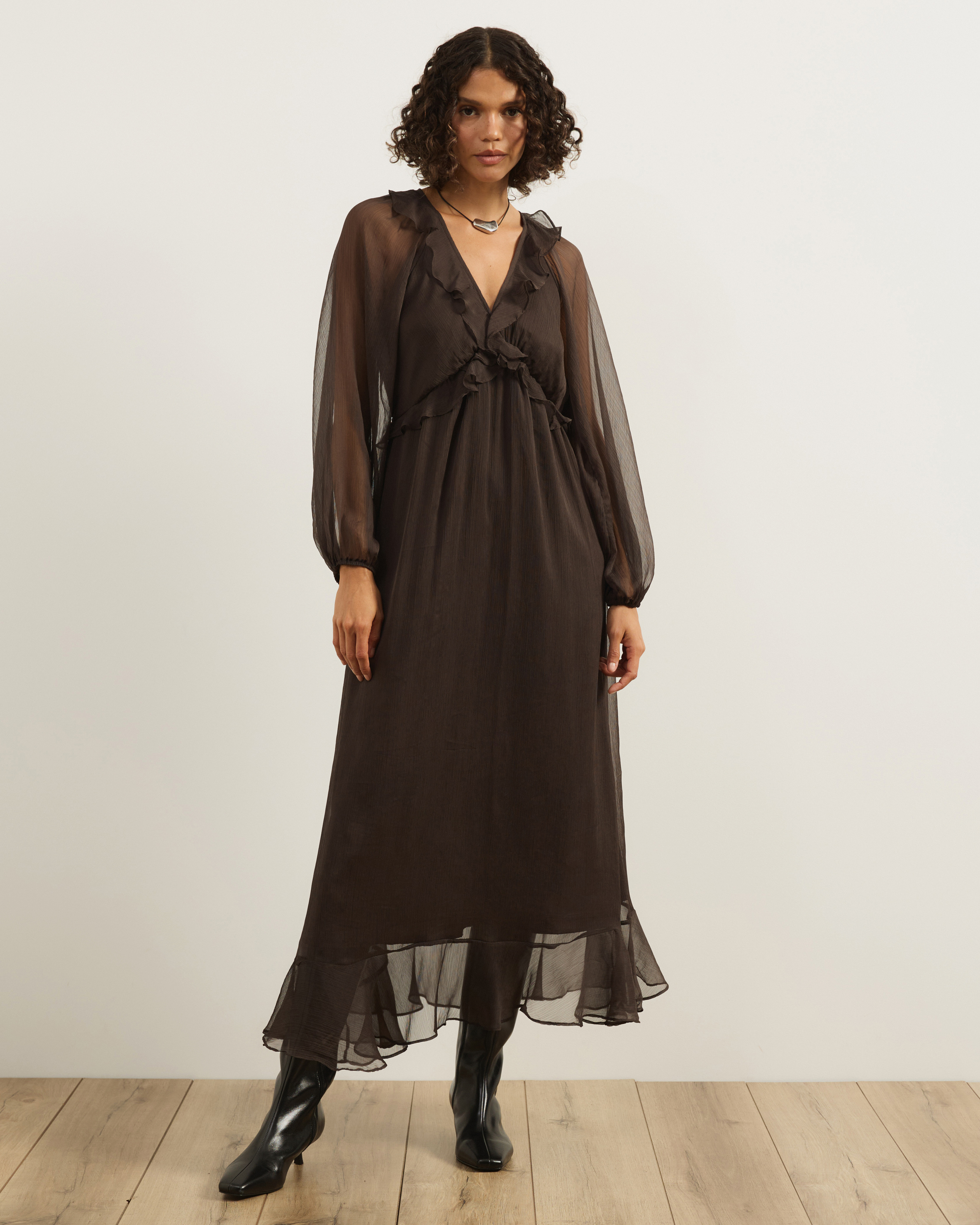 Tyla V-Neck Boho Midi Dress with Ruffle Detail