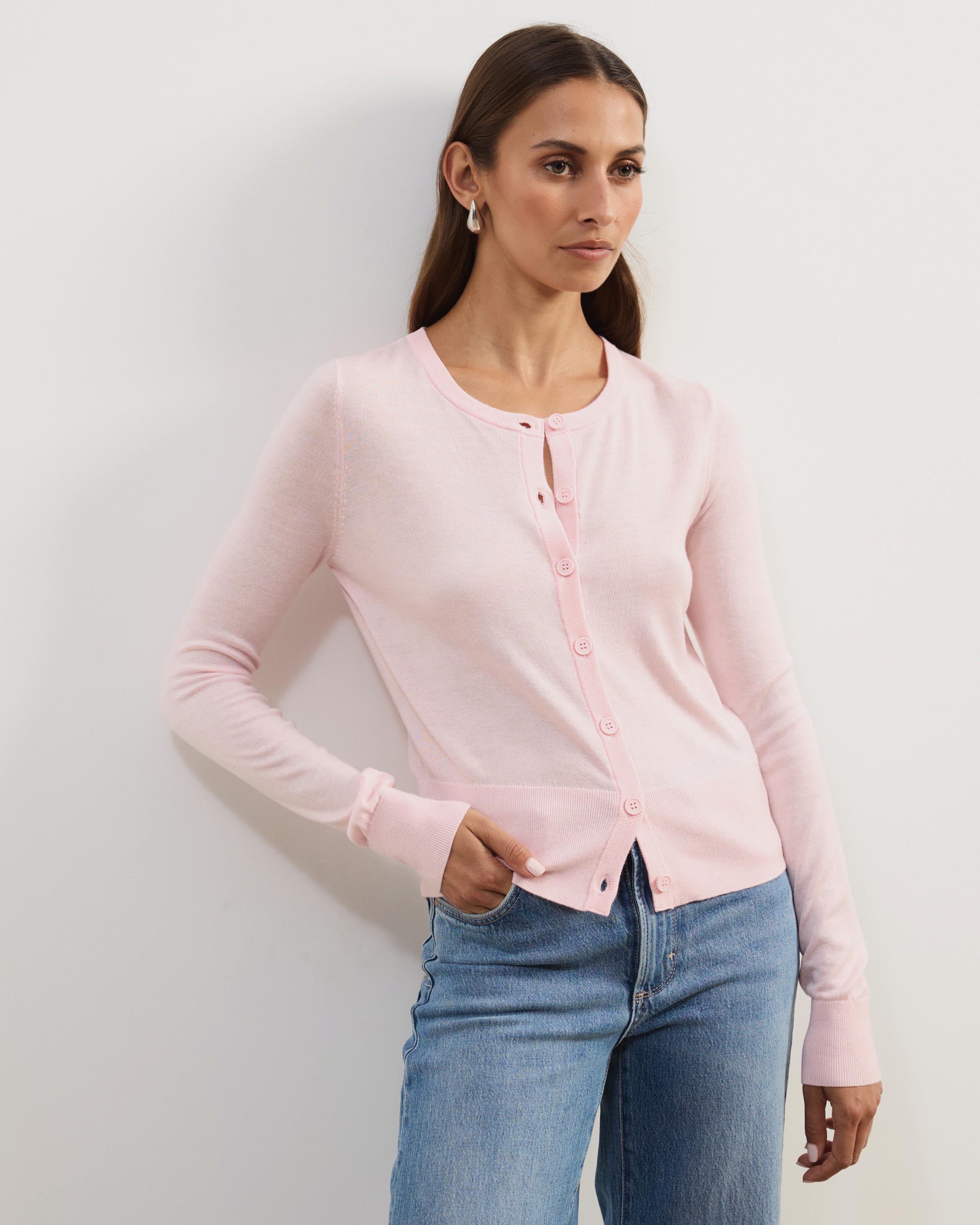 Elina Crewneck Knit Cardigan With Rib Hem