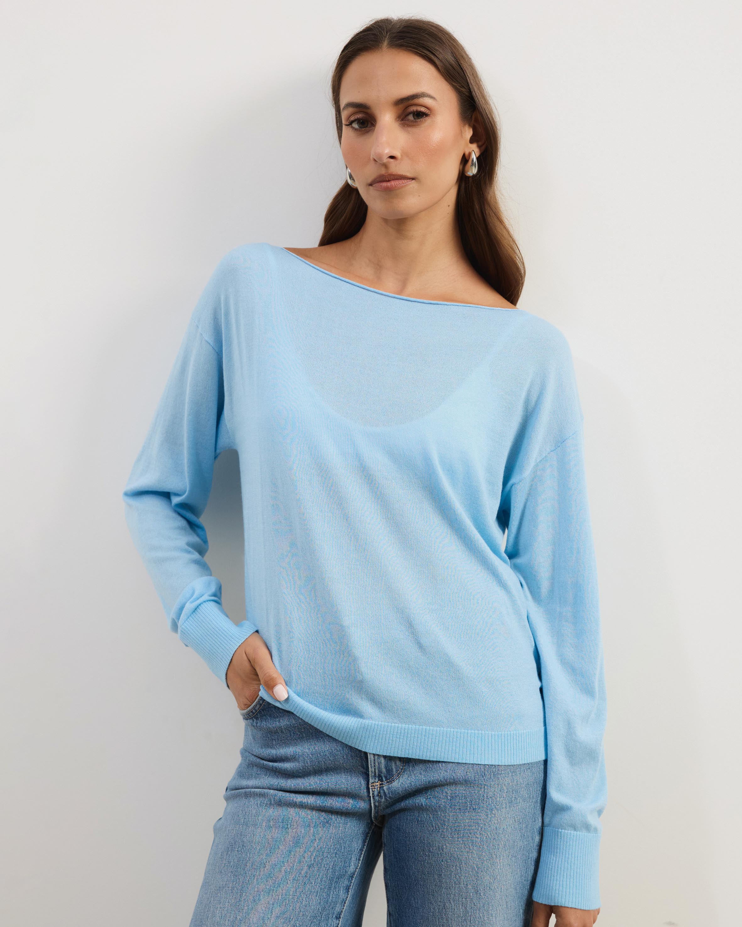 Riva Off Shoulder Fine Knit Top With Long Batwing Sleeve