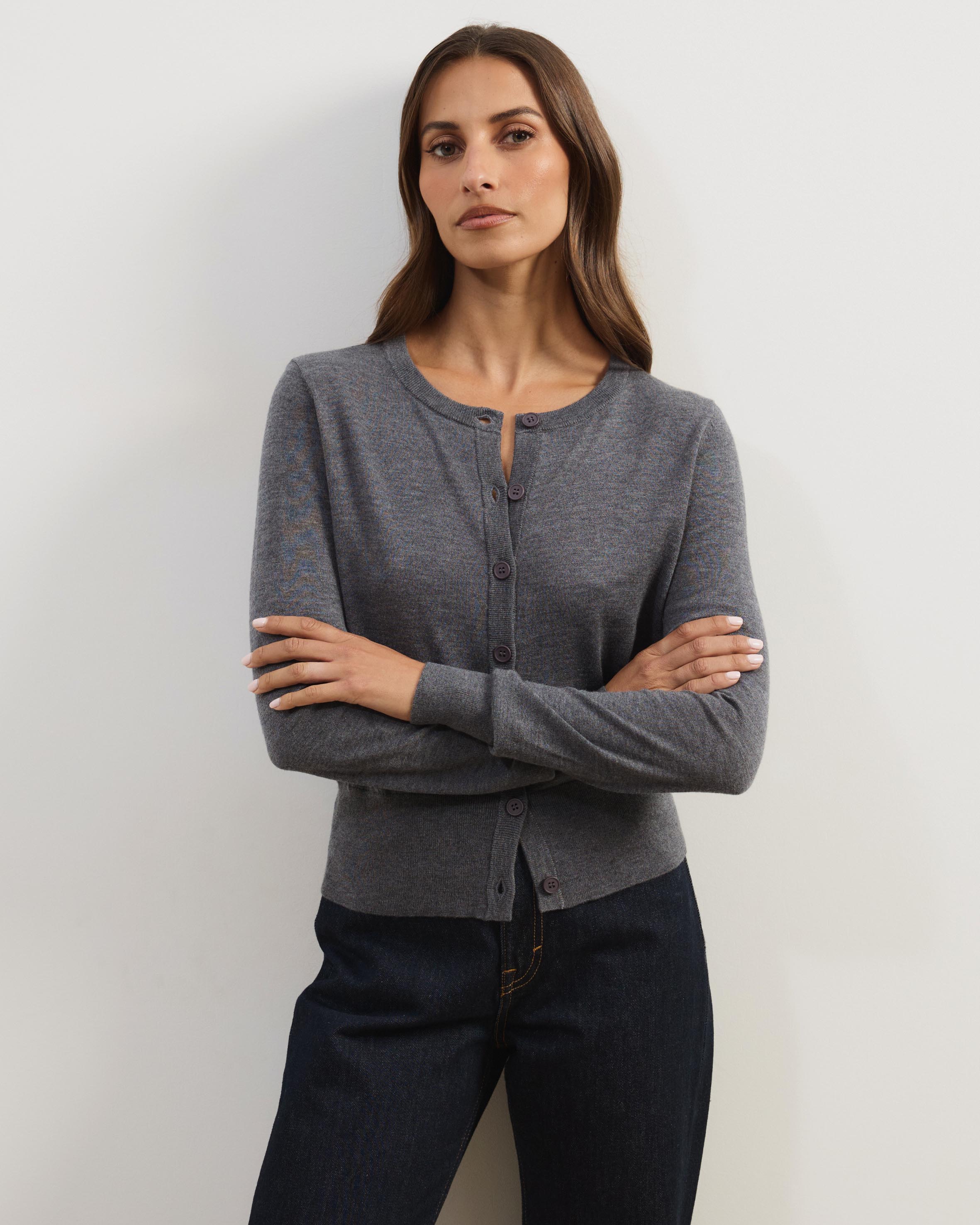 Elina Crewneck Knit Cardigan With Rib Hem