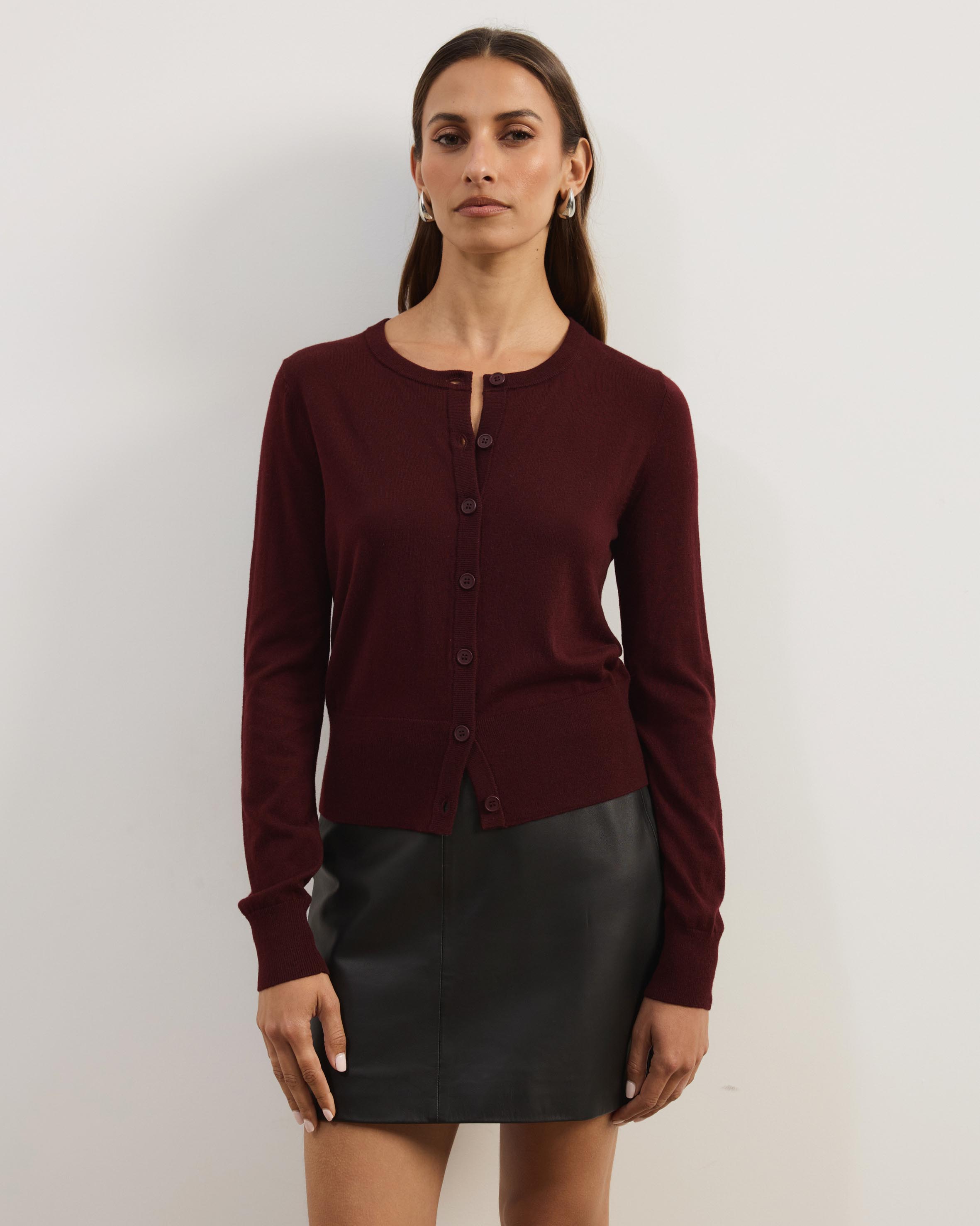 Elina Crewneck Knit Cardigan With Rib Hem