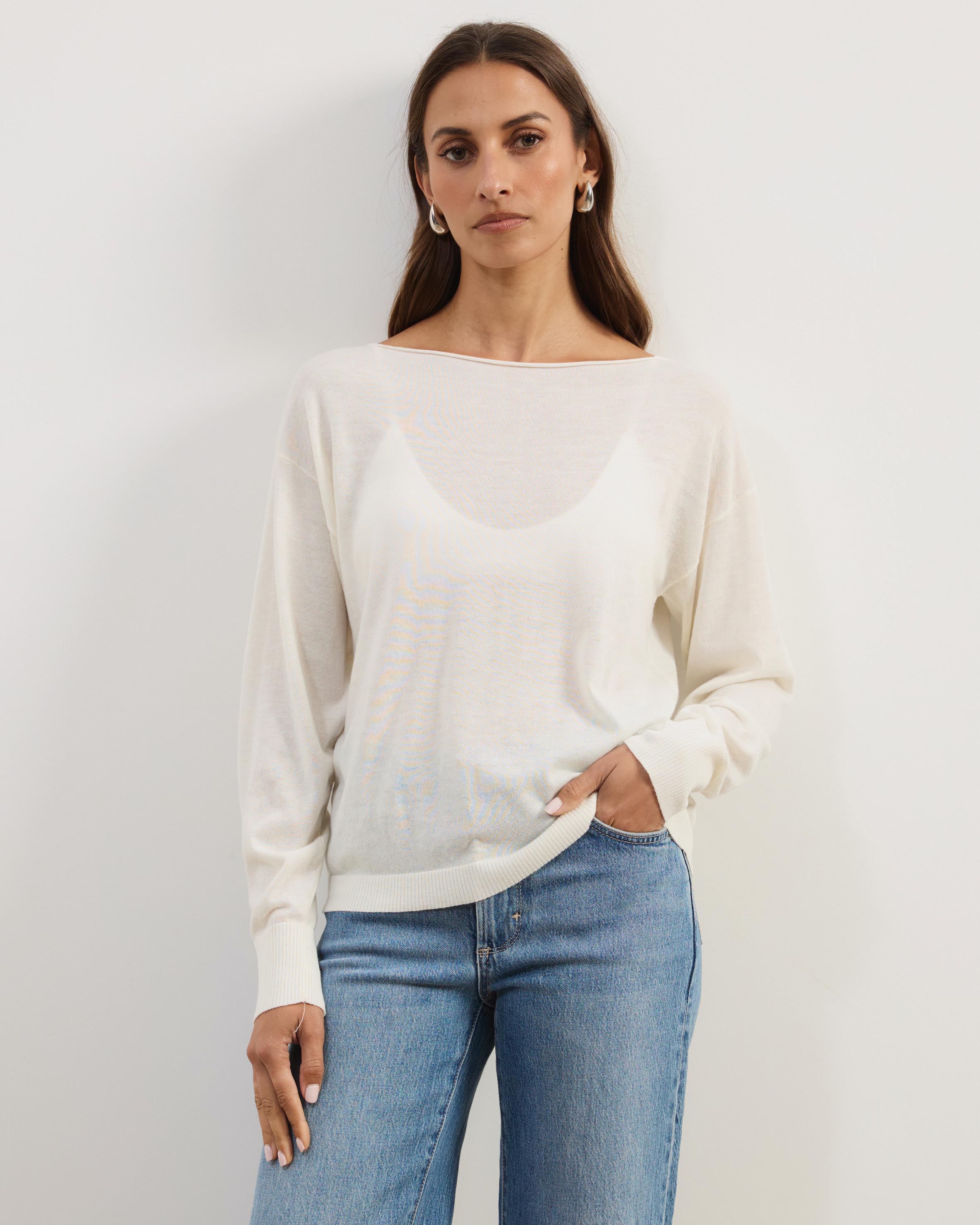 Riva Off Shoulder Fine Knit Top With Long Batwing Sleeve