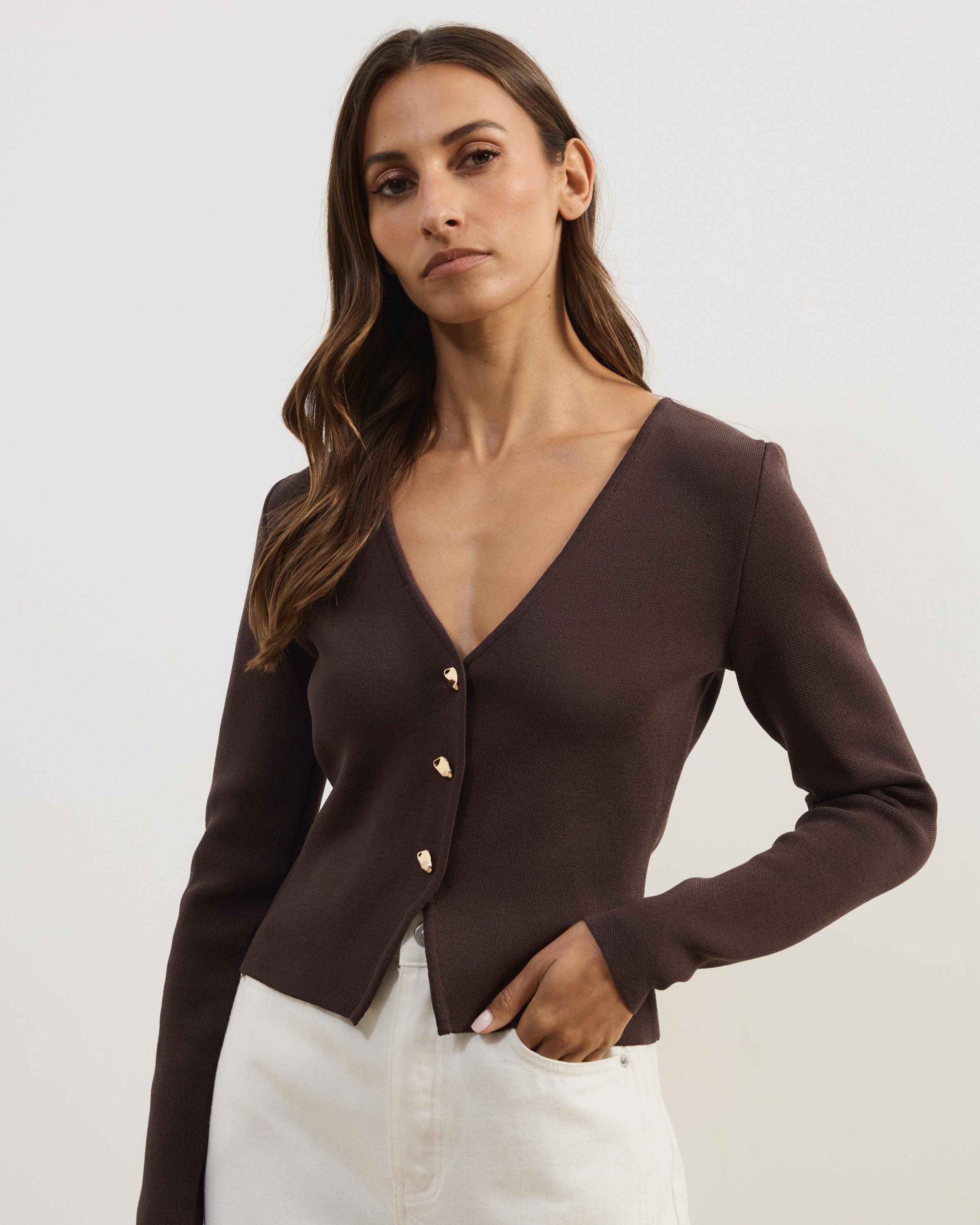 Emmi Structured Knit Cardigan Compact Knit with Gold Button