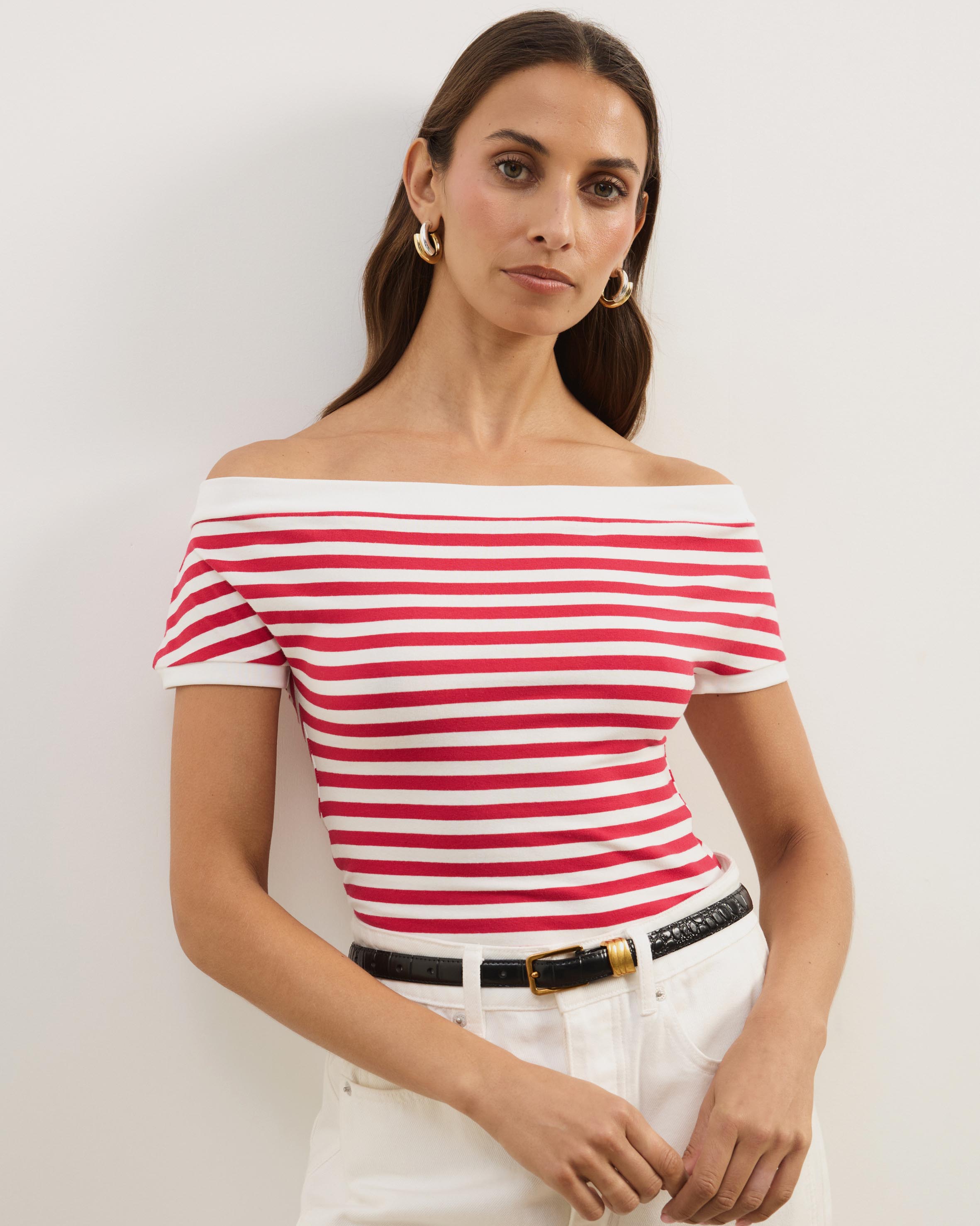 Esme Stripe Jersey Off Shoulder Top