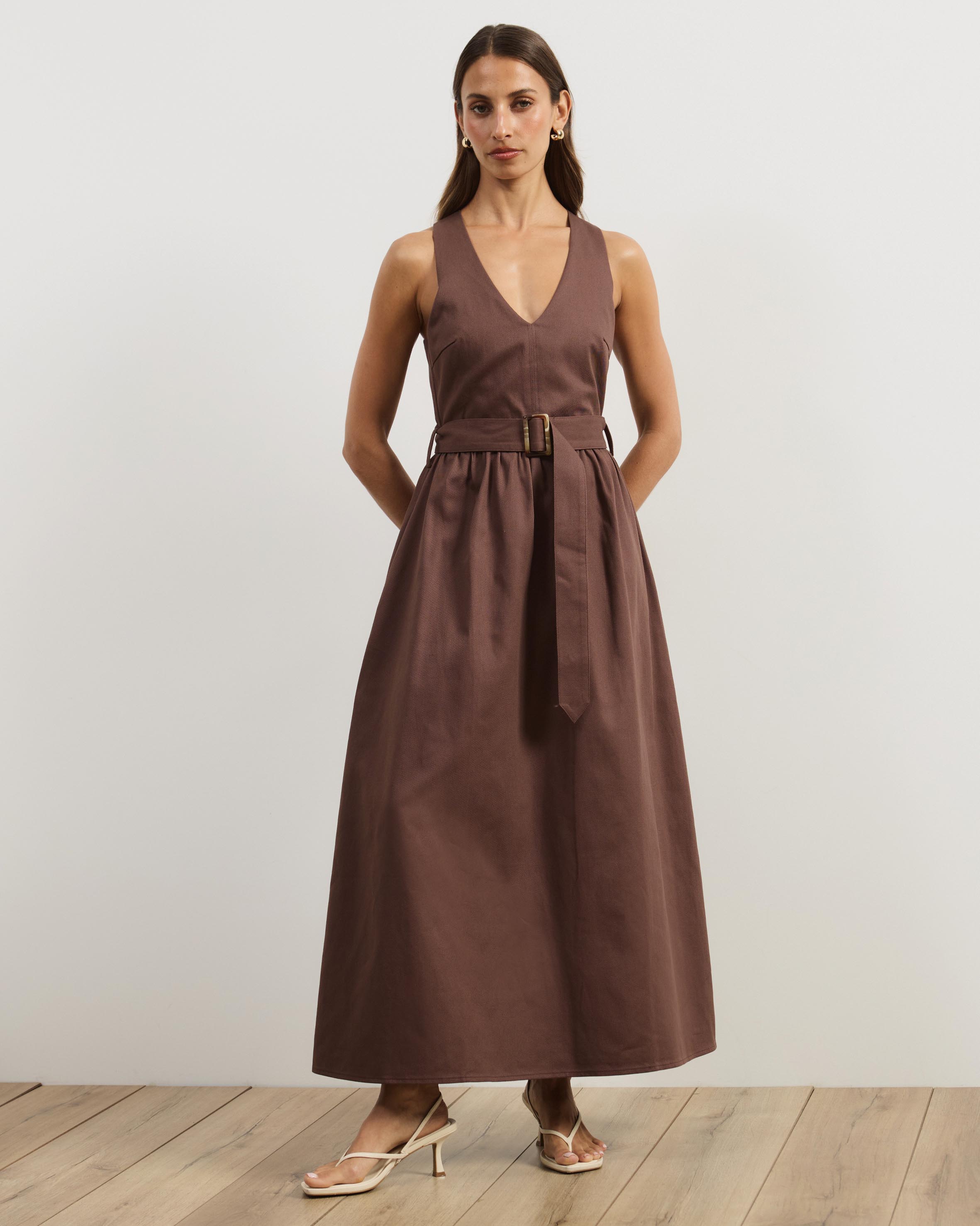 Ada Cotton Twill V-Neck Midi Dress