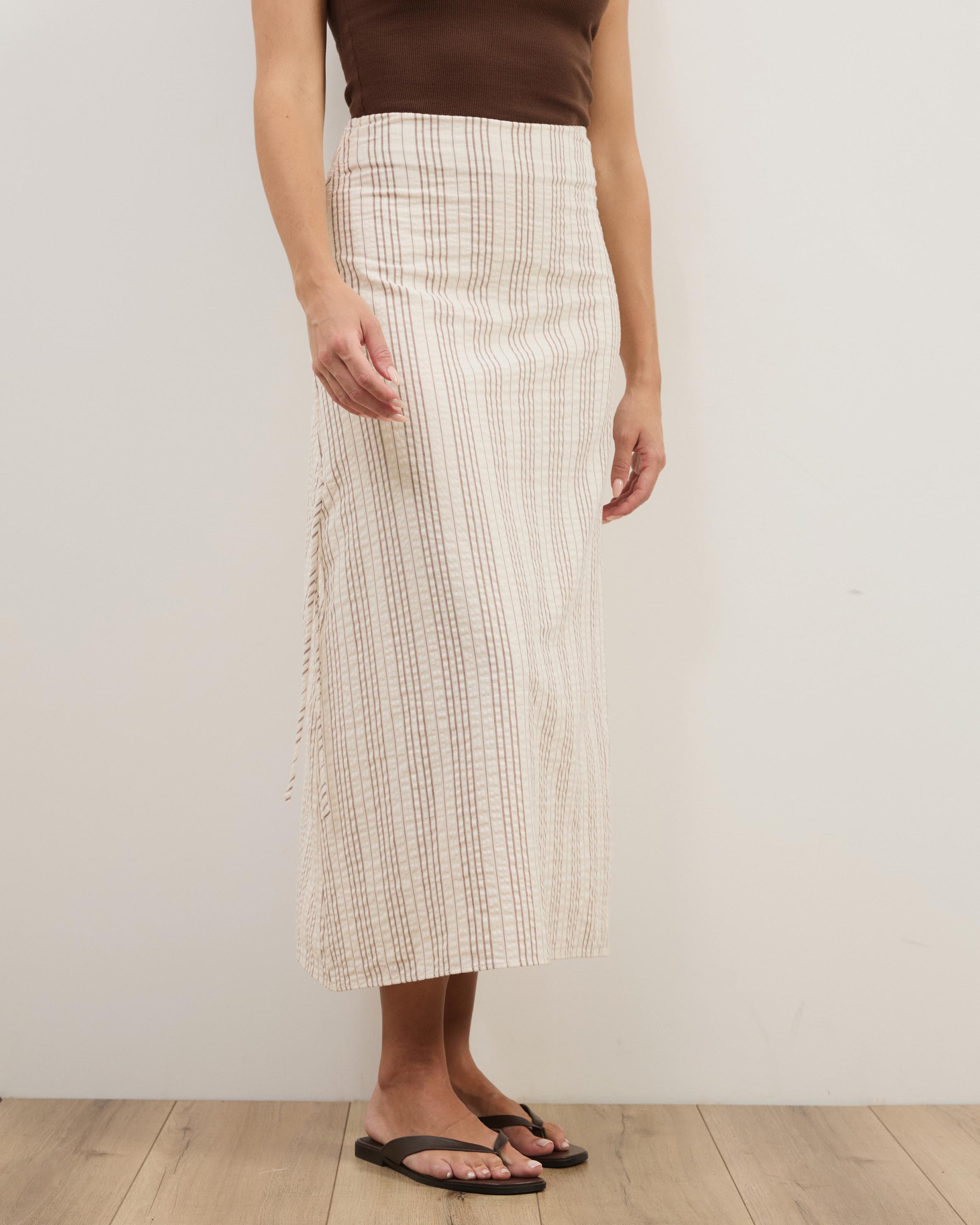 Sally Striped Cotton Ruched Side Tie Midi Skirt