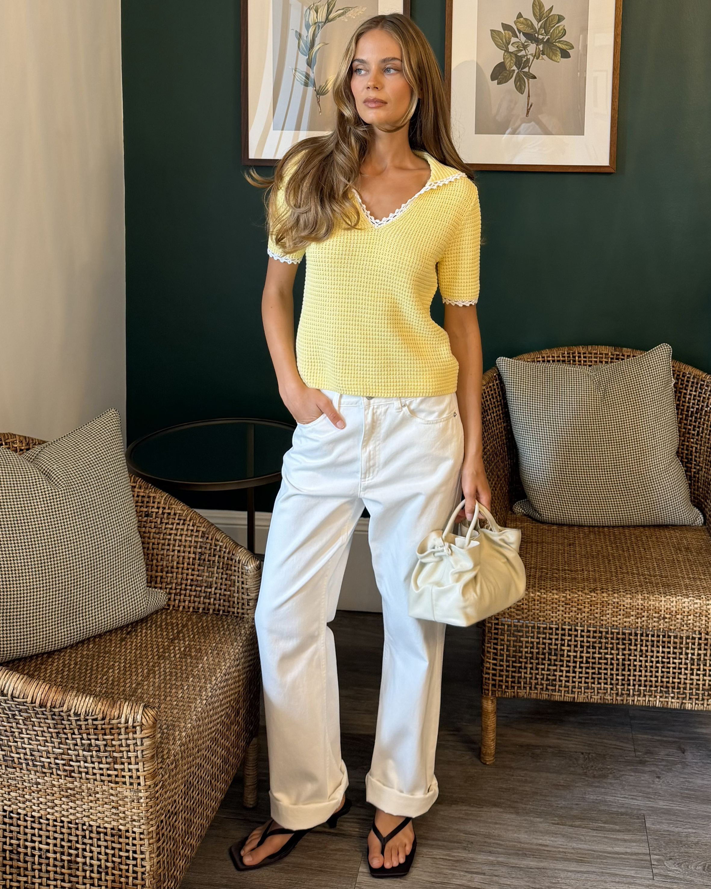 Issa Short Sleeve V-Neck Knit Polo with Contrast Trim
