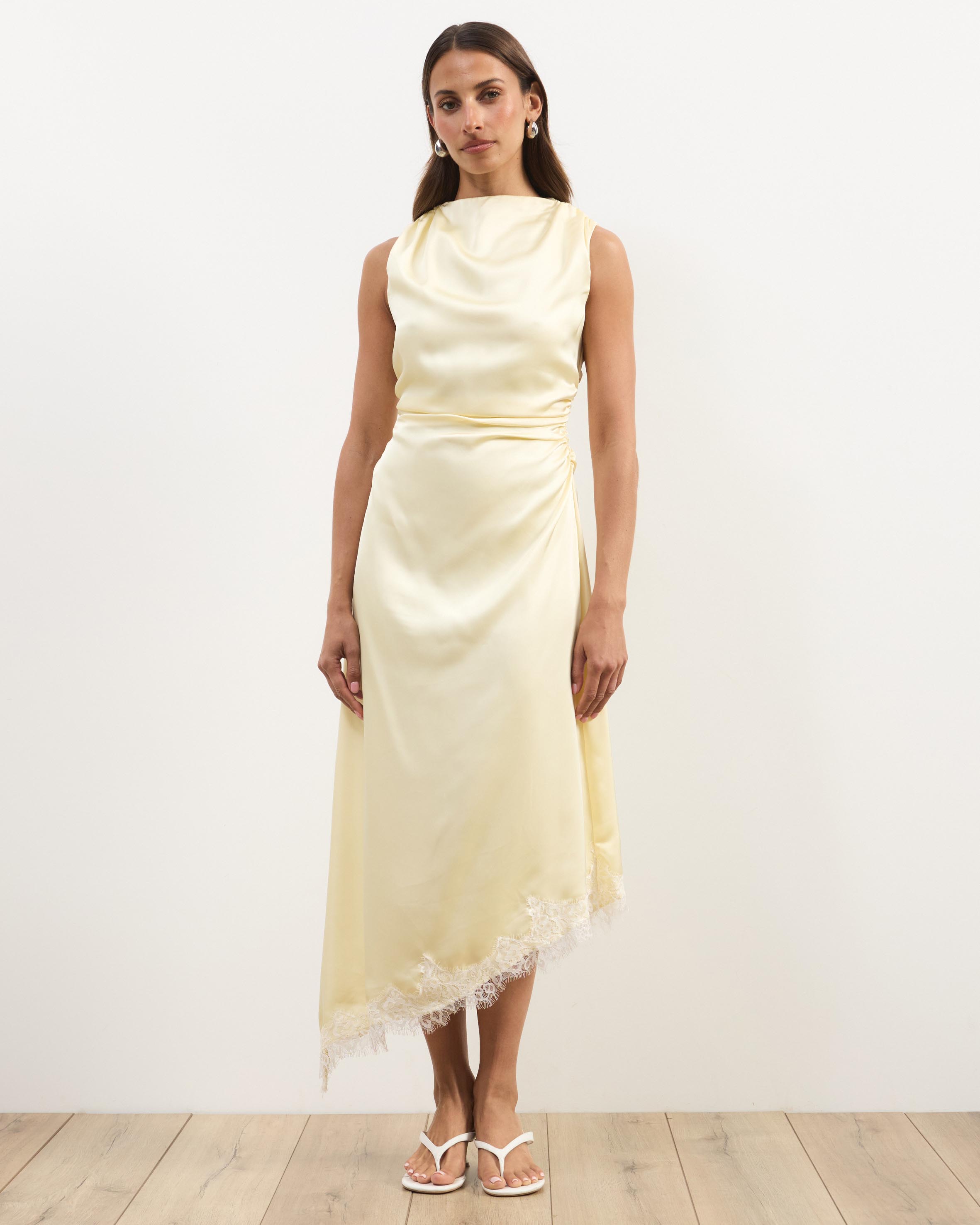 Quinn Satin Midi Dress With Lace Trim