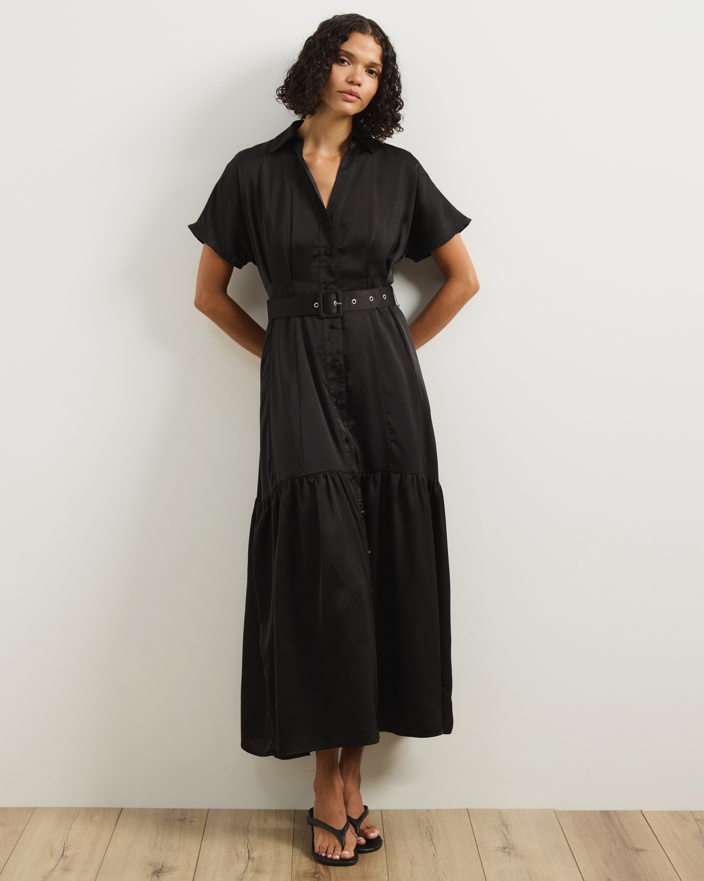 Margot Satin Short Sleeve Midi Dress