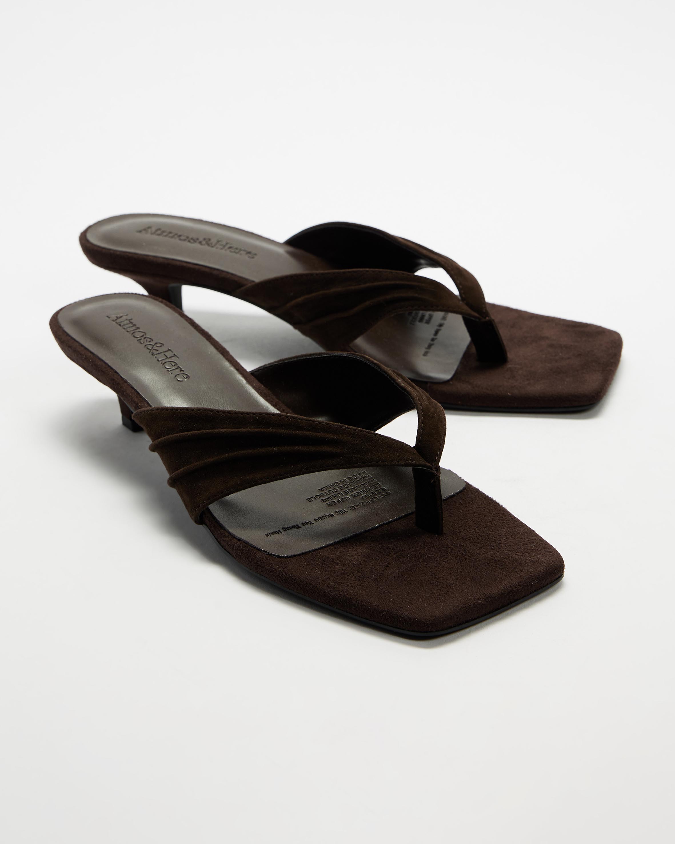 Tilly Square Toe Thong Faux Suede Heels