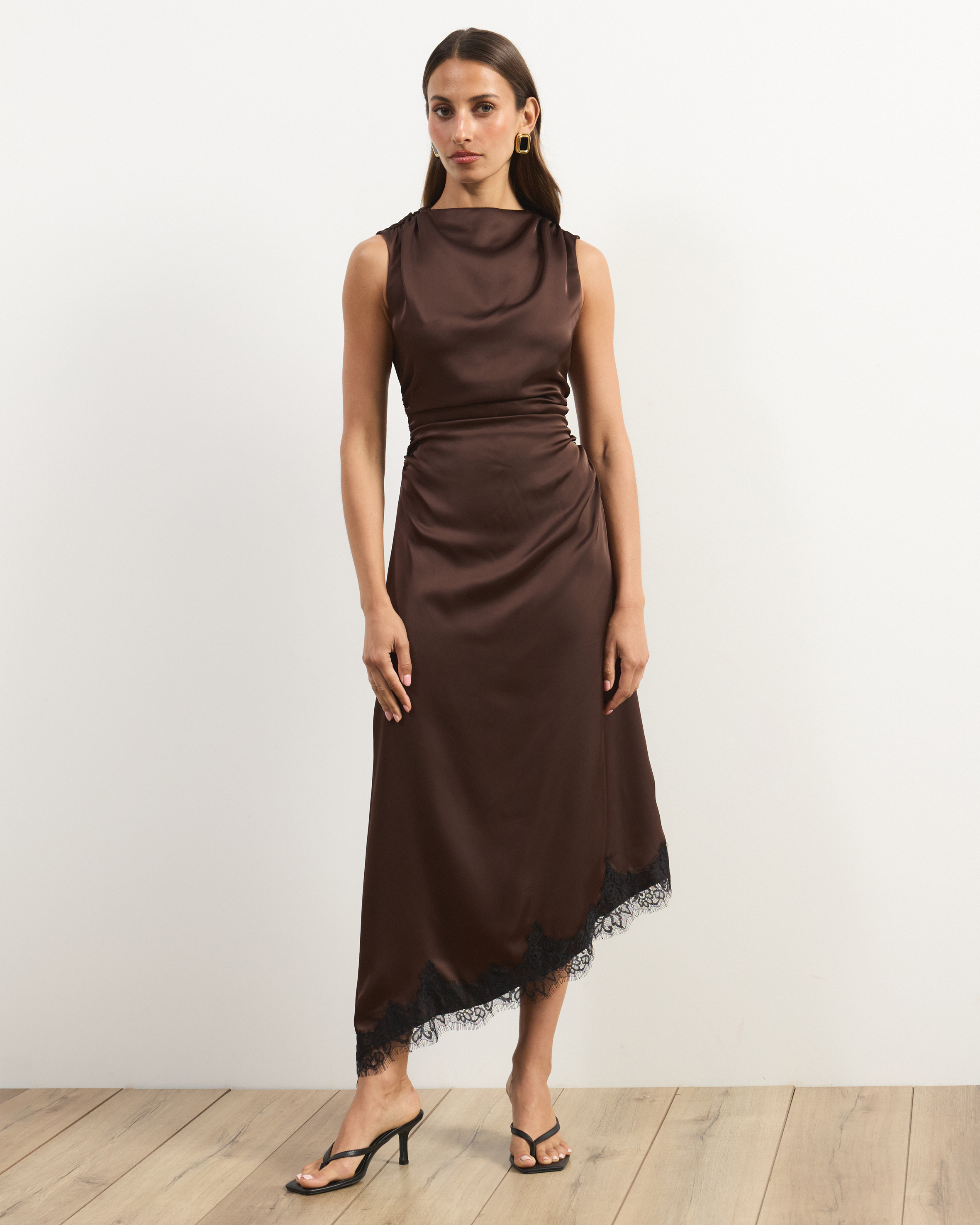Quinn Satin Midi Dress With Lace Trim