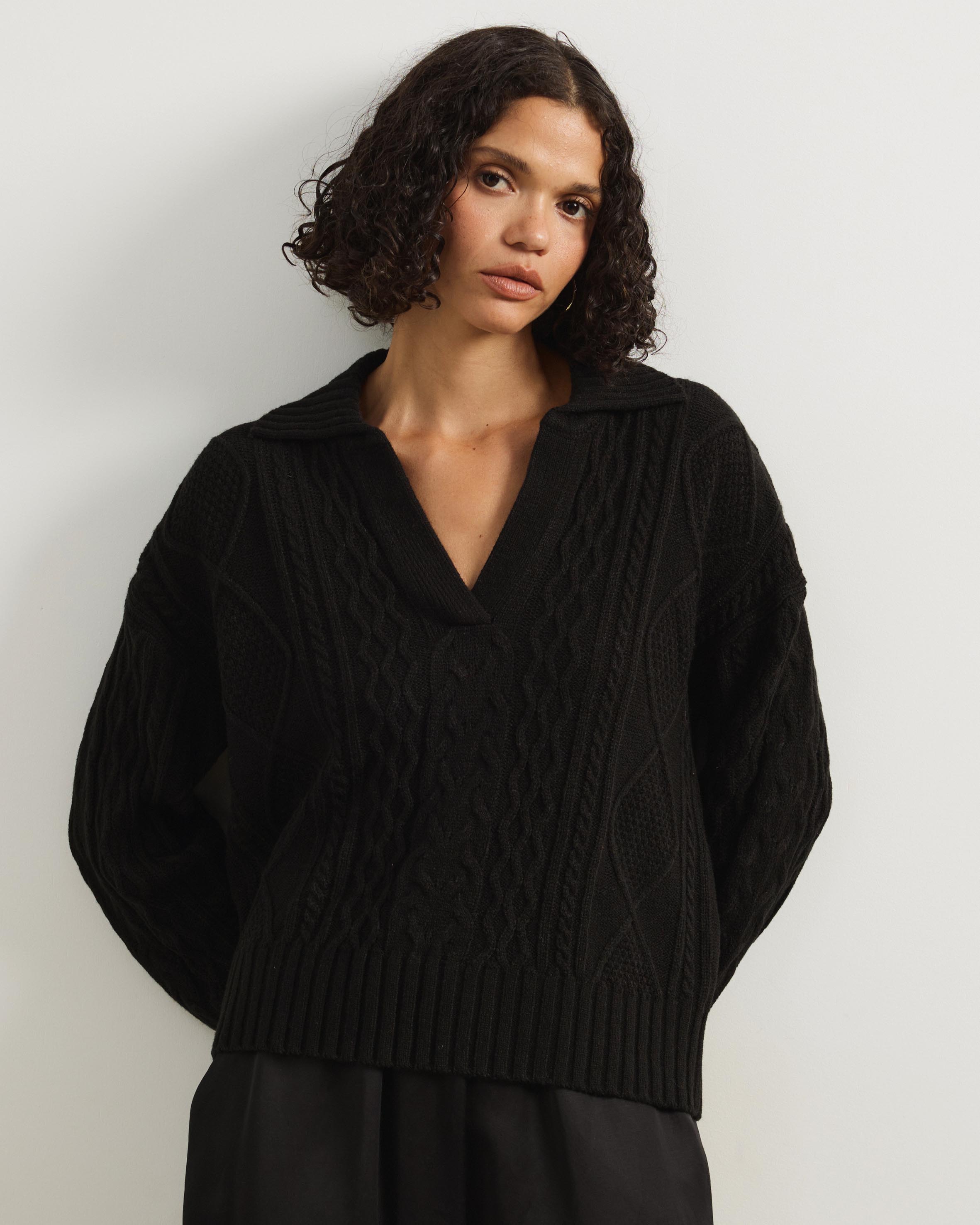 Faye Cable Knit Pullover With Collar
