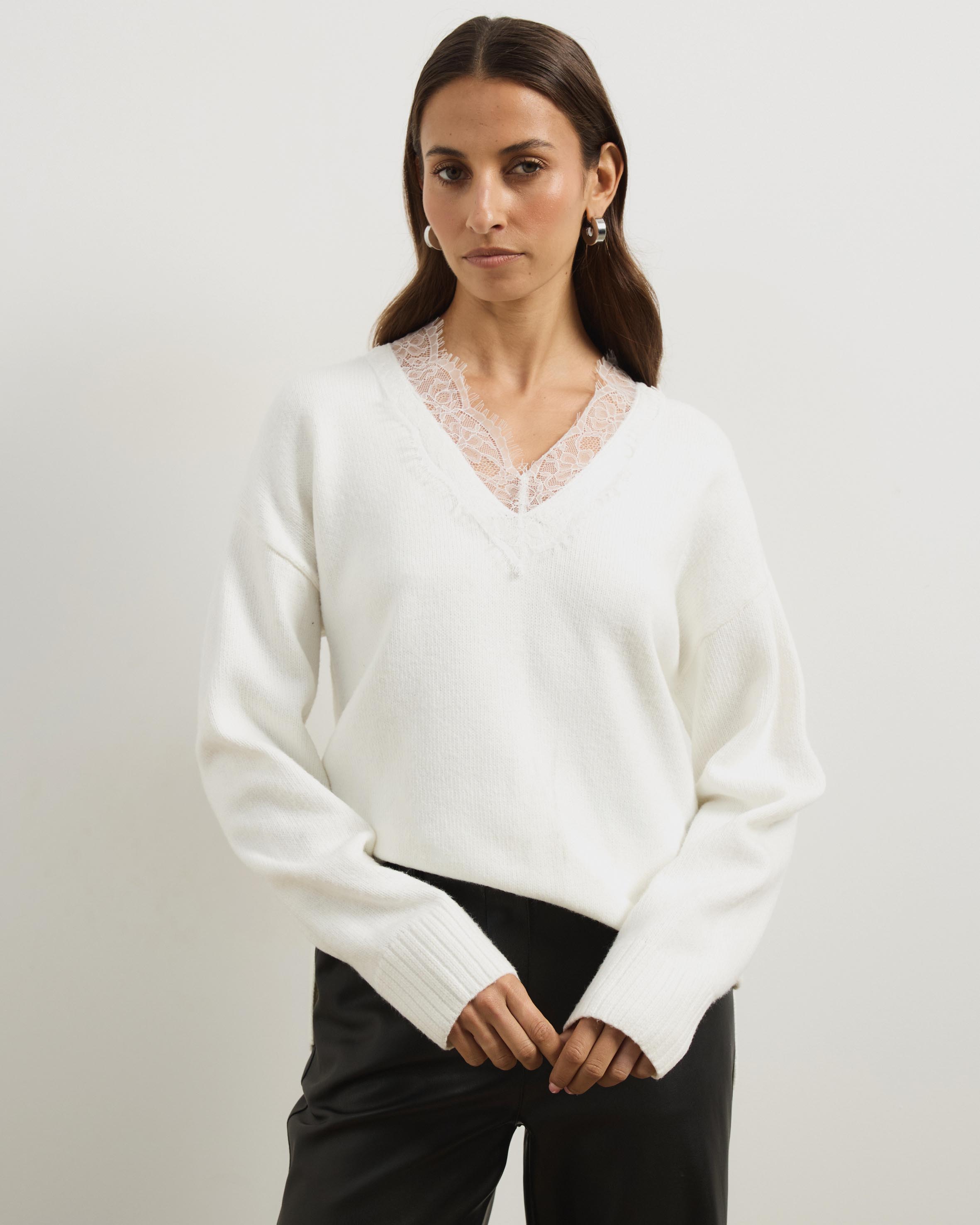 Teo V-Neck Knit Jumper with Lace Trim