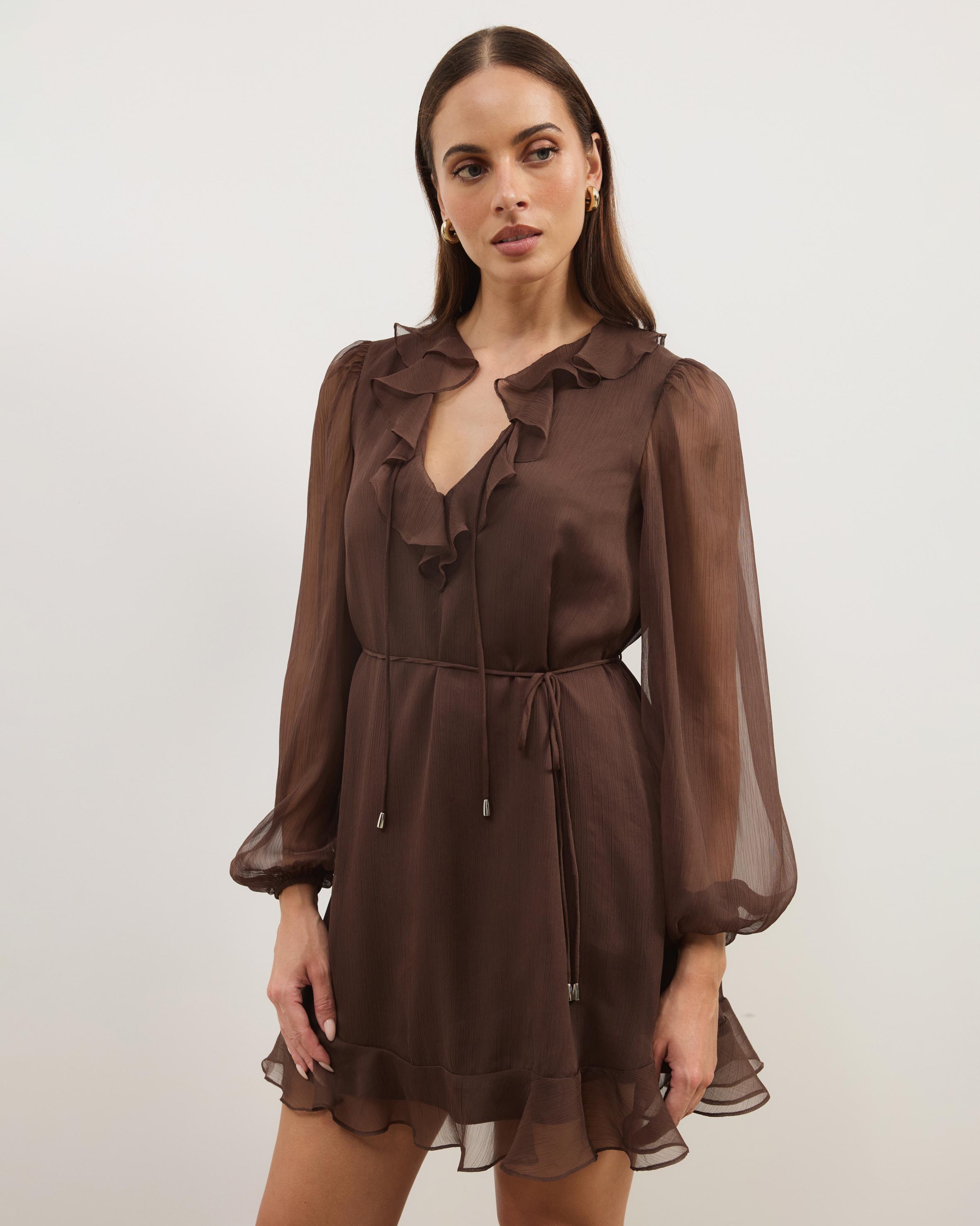 Stella Lightweight Crinkle Georgette V Neck Long Sleeve Mini Dress With Frill Detail