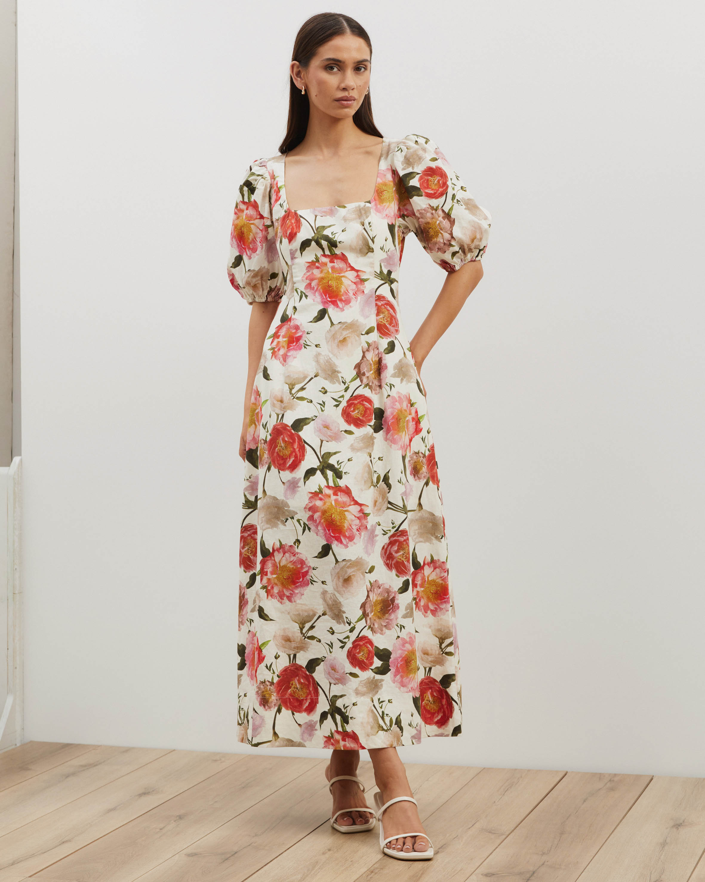 Ava Linen Blend Puff Sleeve Maxi Dress