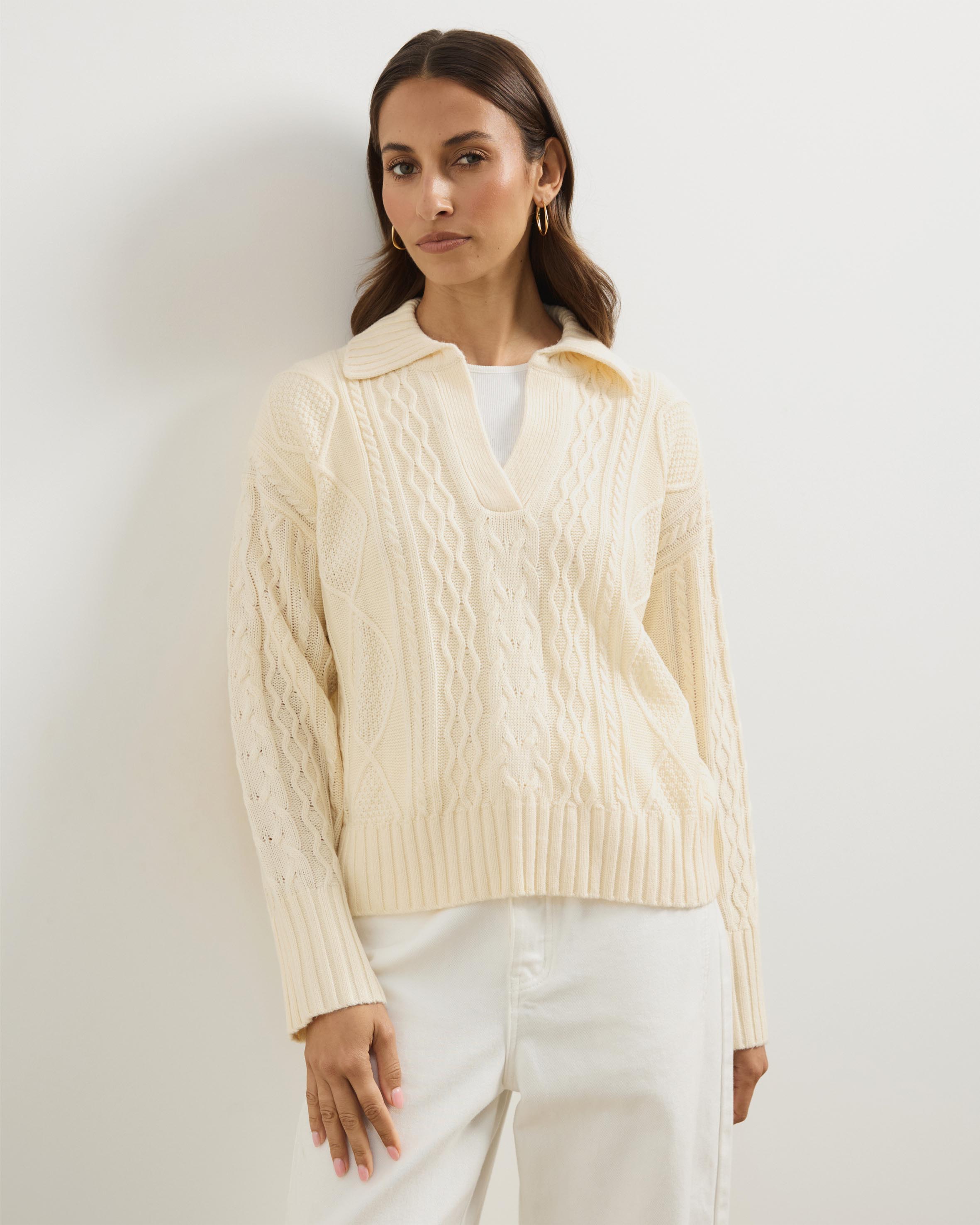 Faye Cable Knit Pullover With Collar