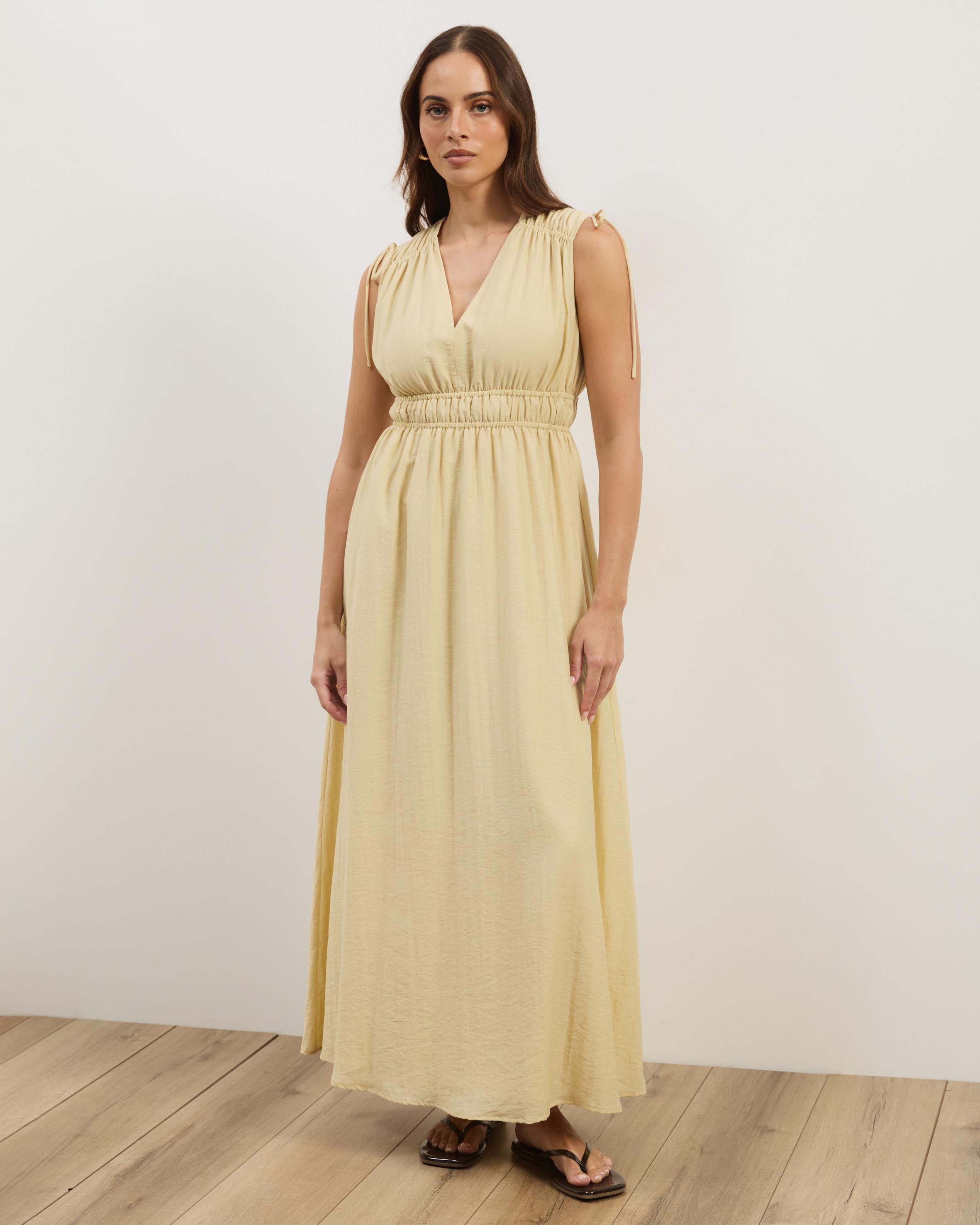 Luna Linen Blend Sleeveless Gathered Maxi Dress