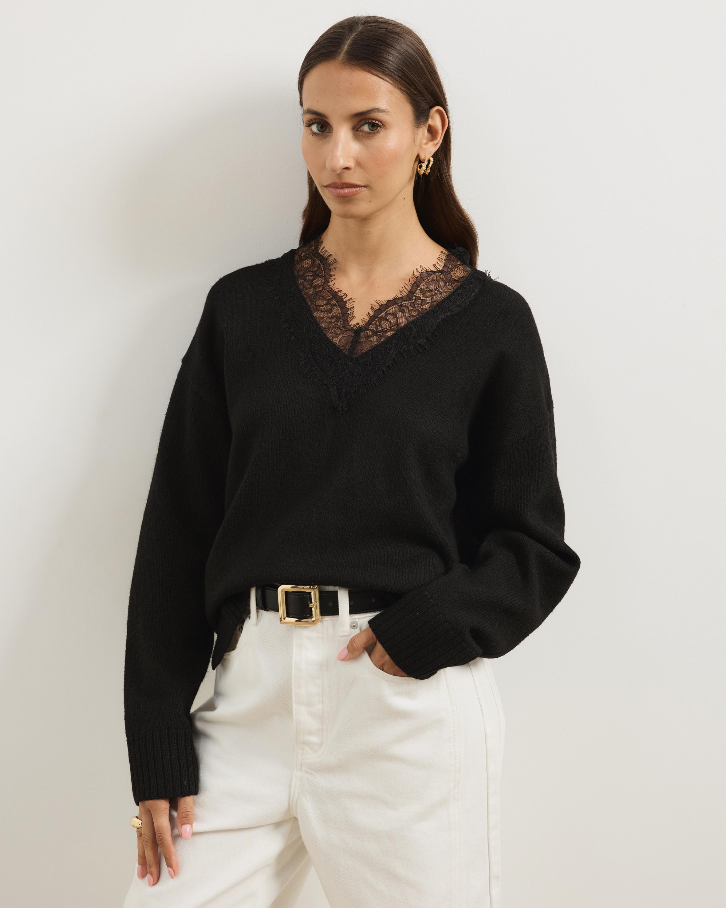 Teo V-Neck Knit Jumper With Lace Trim