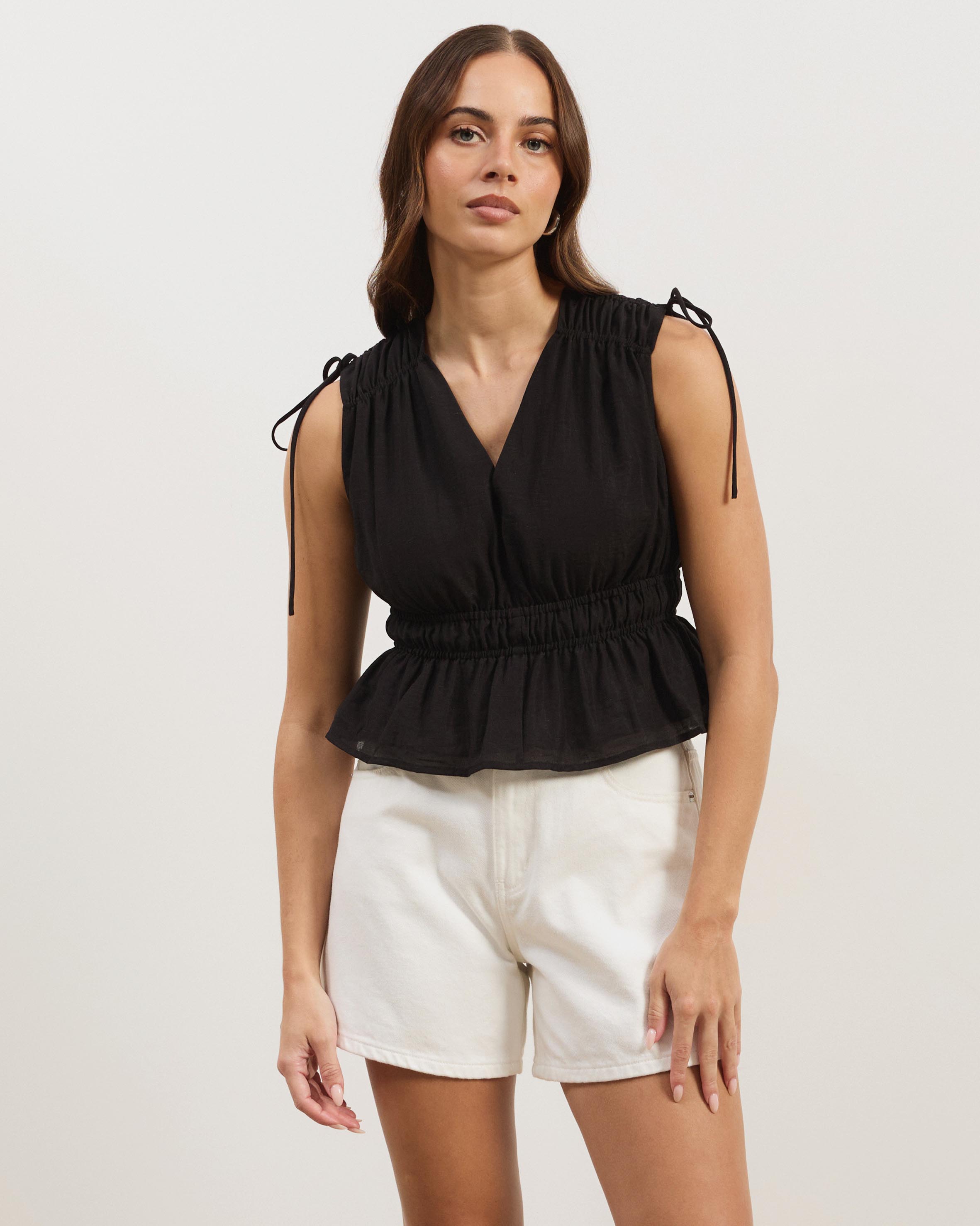 Ray Linen Blend Sleeveless Gathered Top