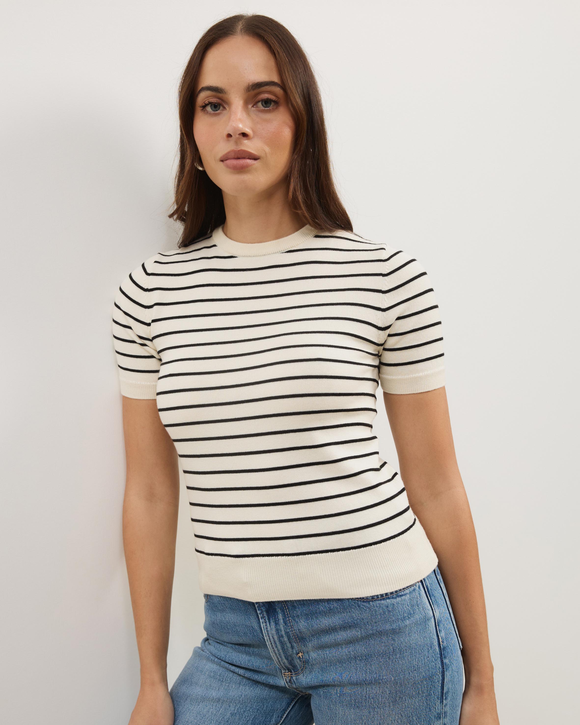 Short Sleeve Fine Knit Stripe Top