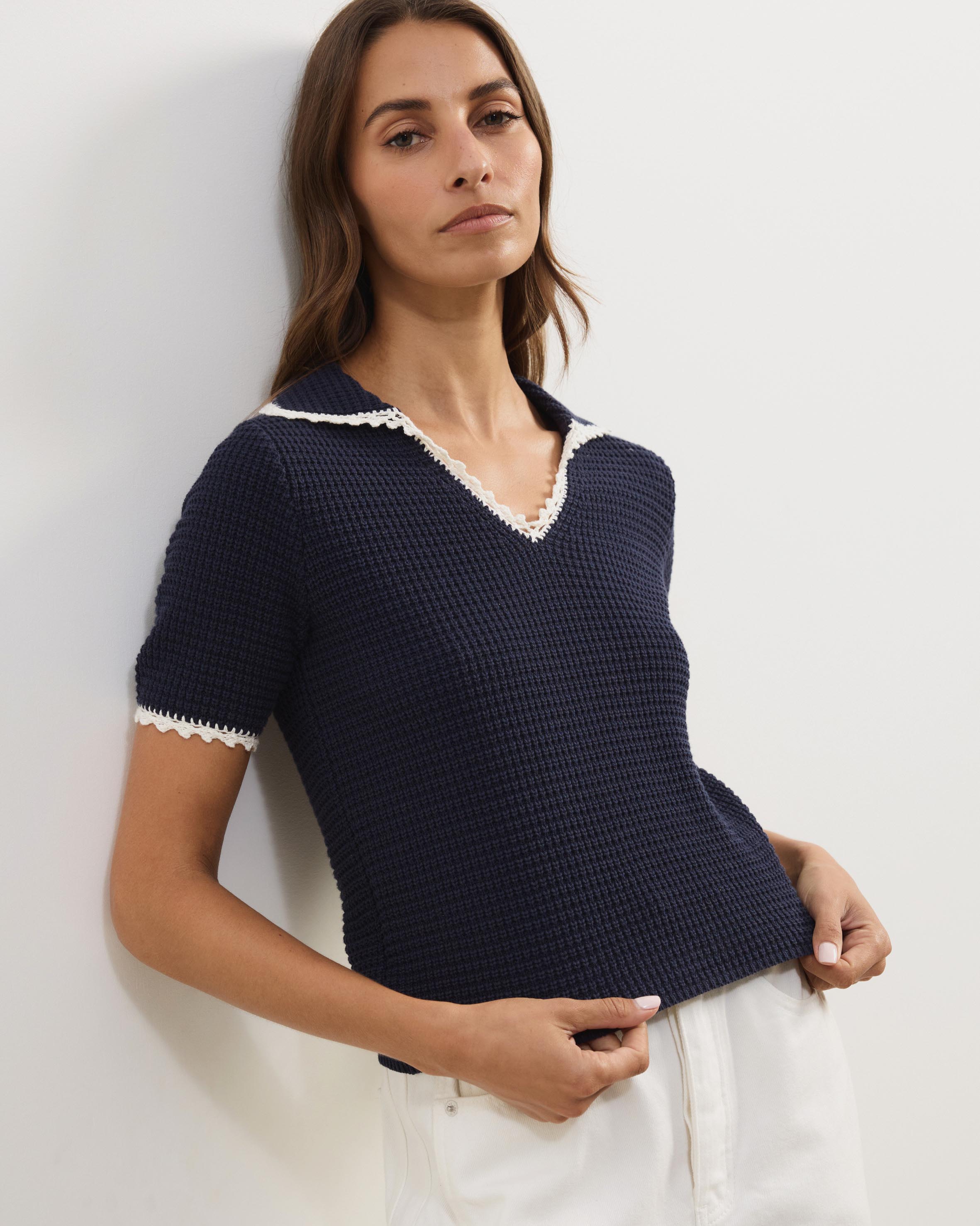 Issa Short Sleeve V-Neck Knit Polo with Contrast Trim