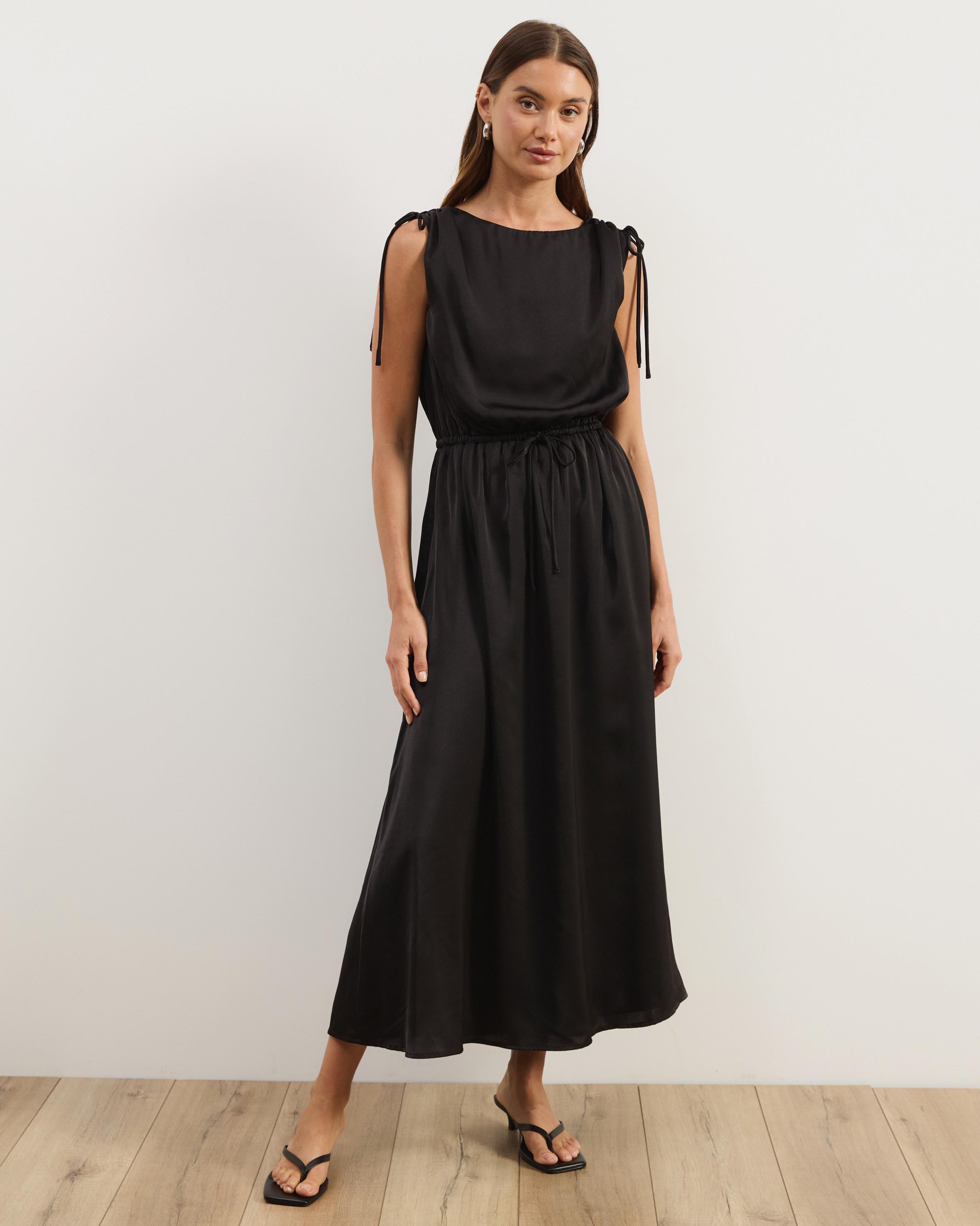 Danni Satin Shoulder Tie Midi Dress