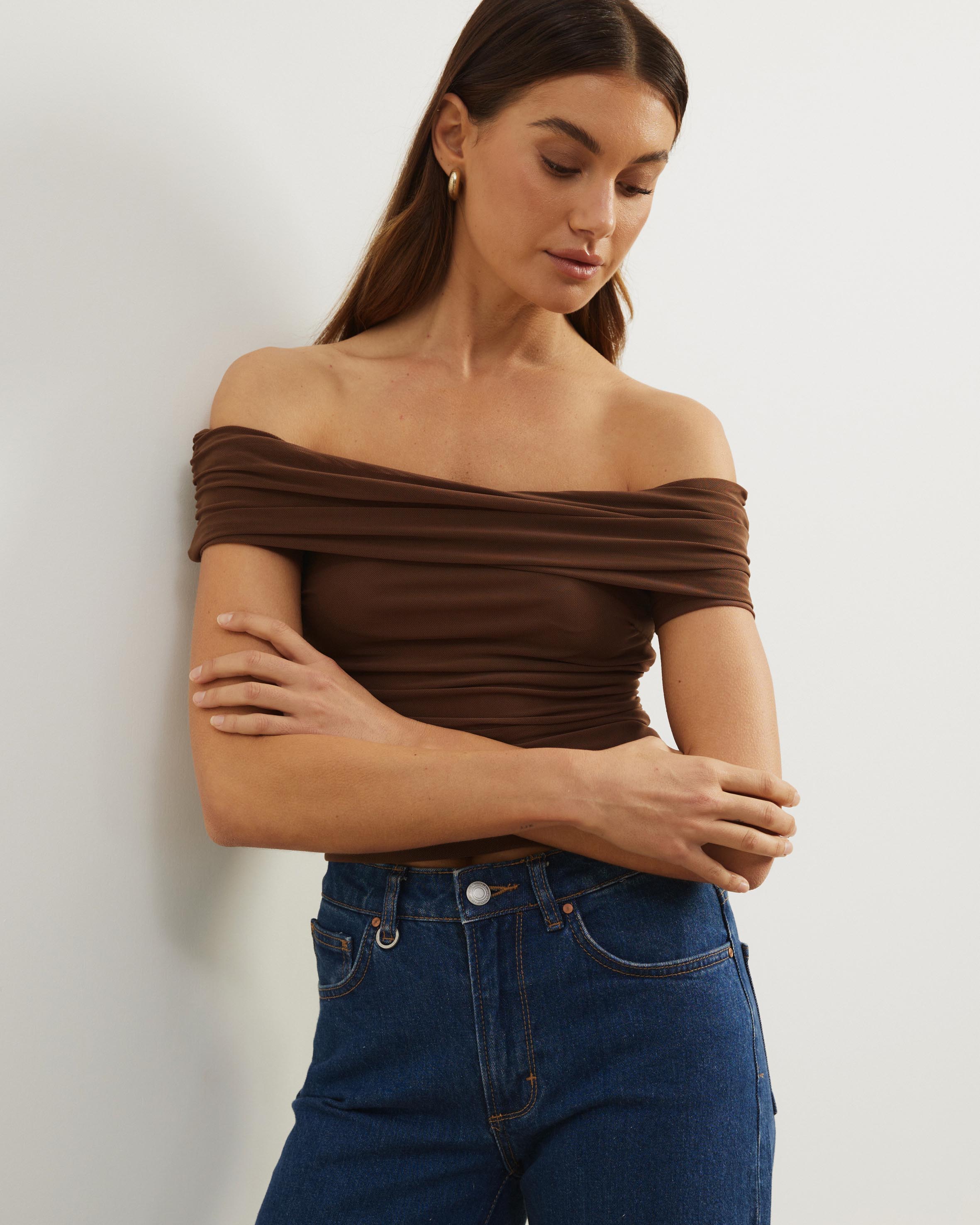 Elka Short Sleeve Mesh Off Shoulder Top