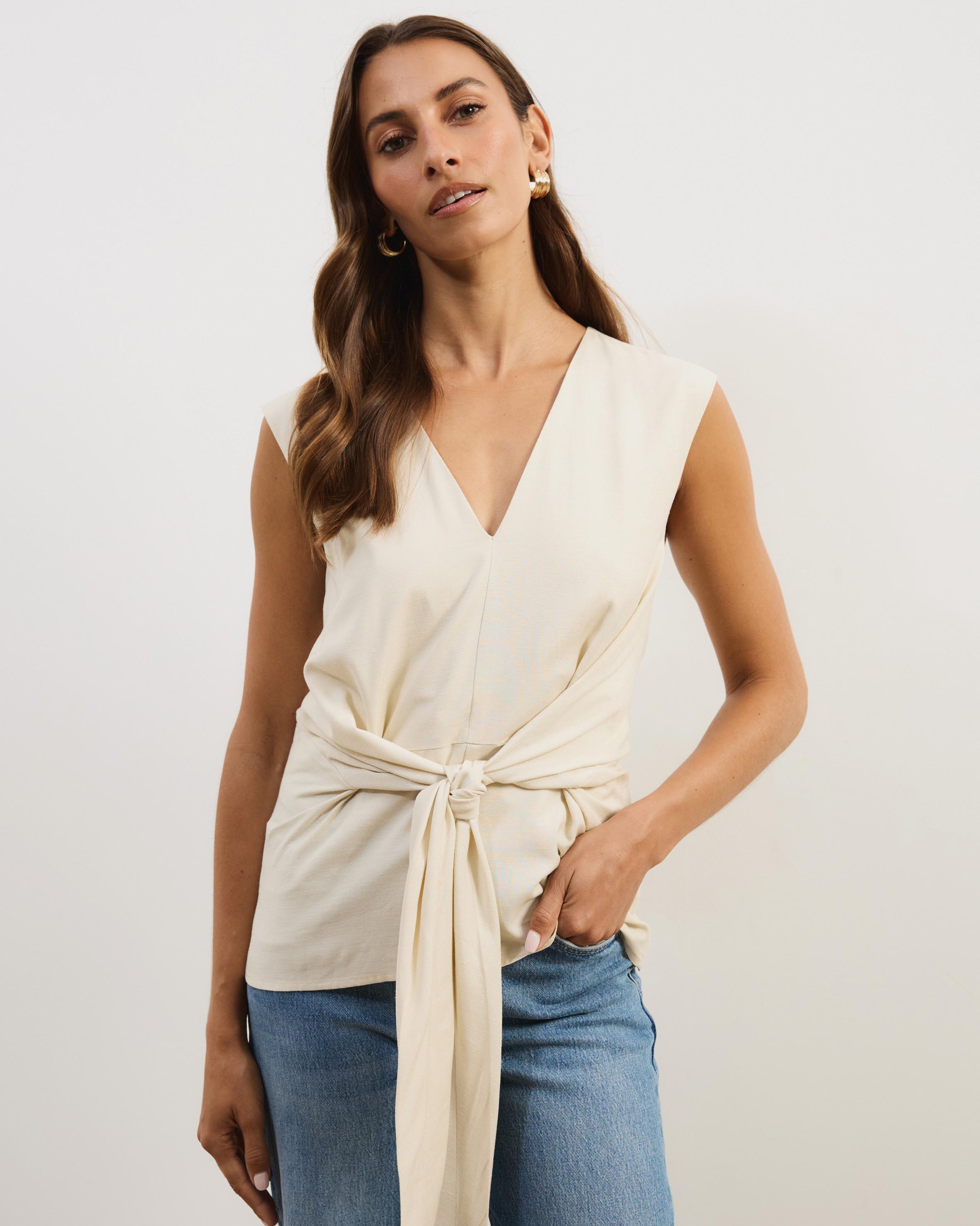 Liora Linen Blend Top with Tie