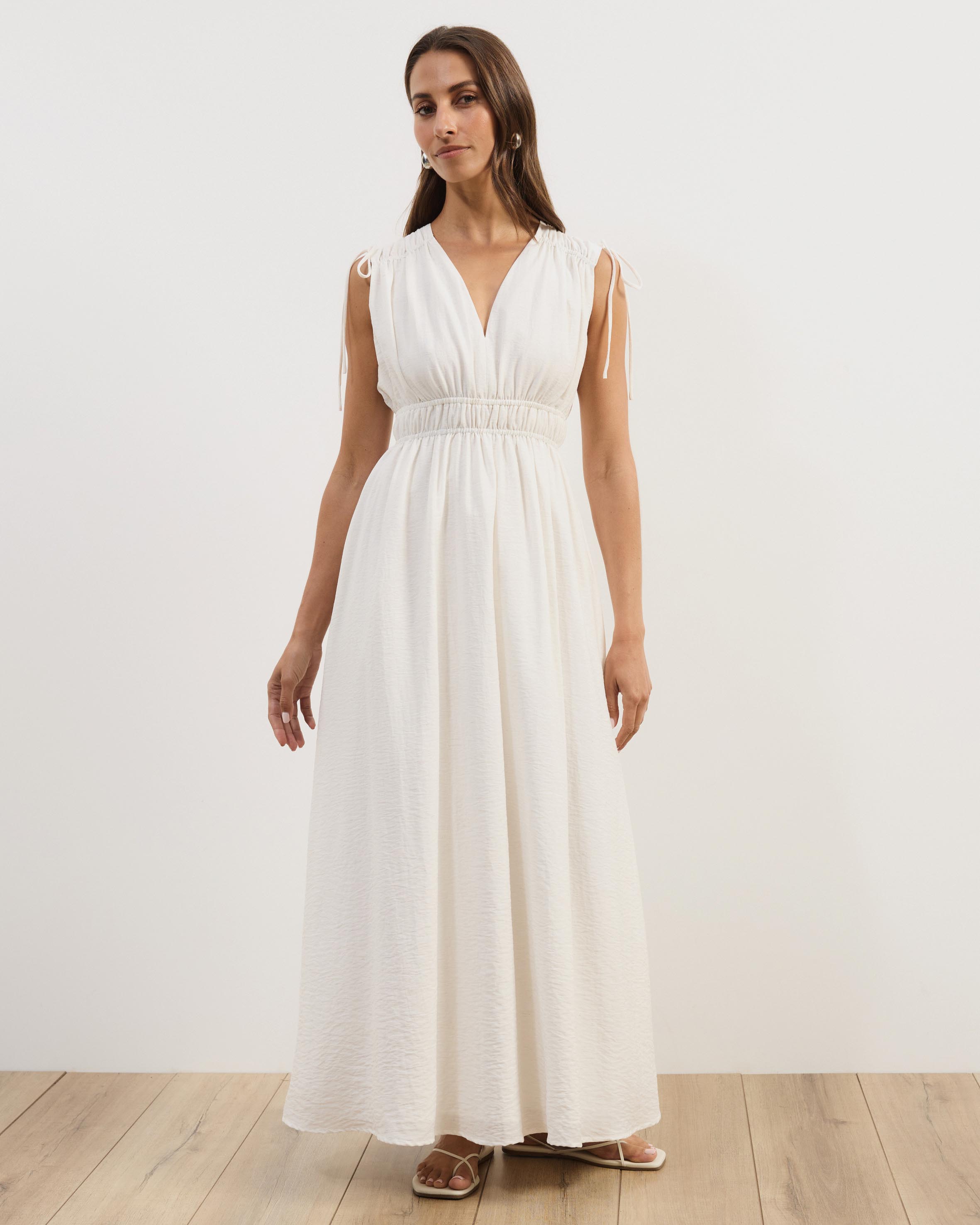 Luna Linen Blend Sleeveless Gathered Maxi Dress