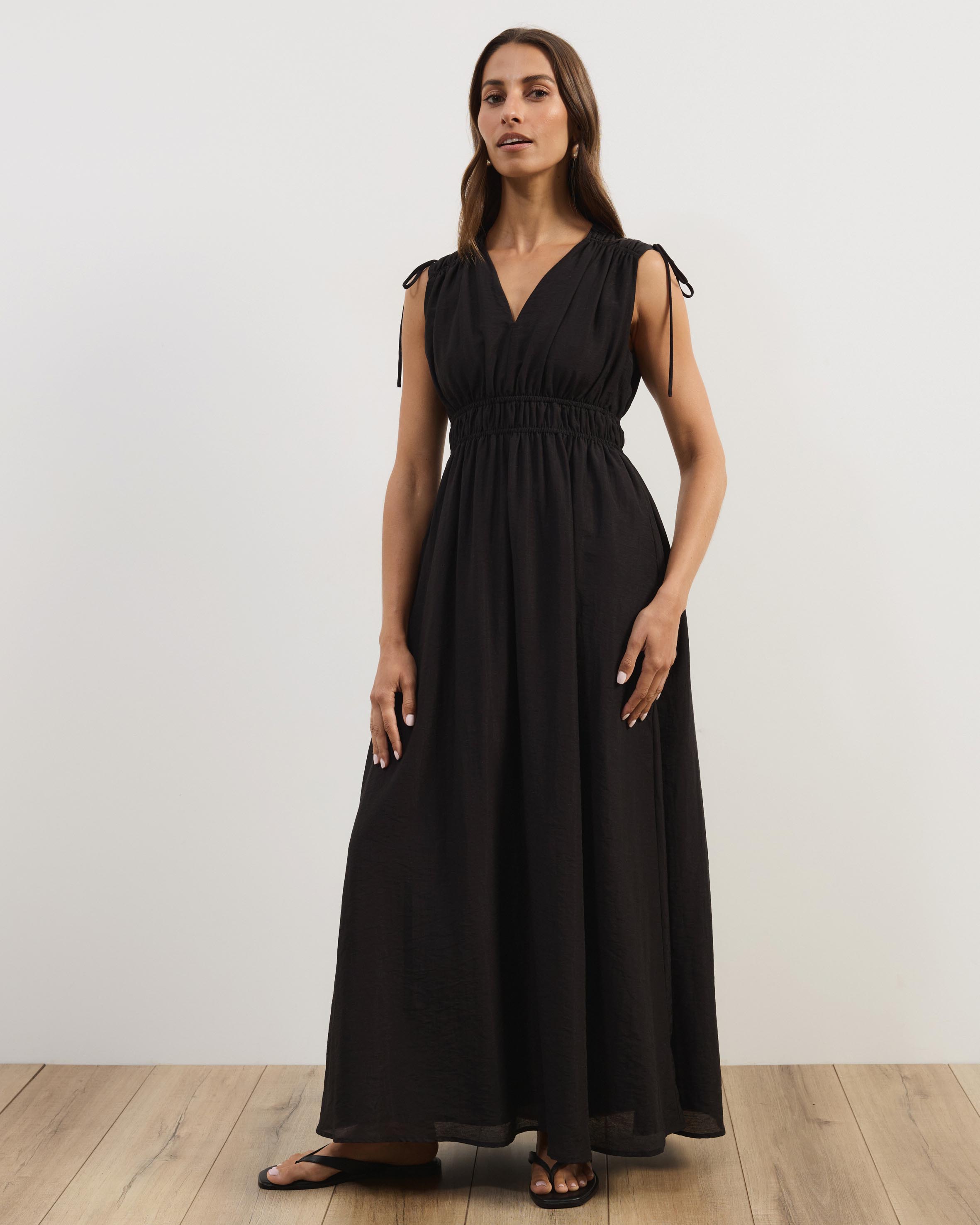 Luna Linen Blend Sleeveless Gathered Maxi Dress
