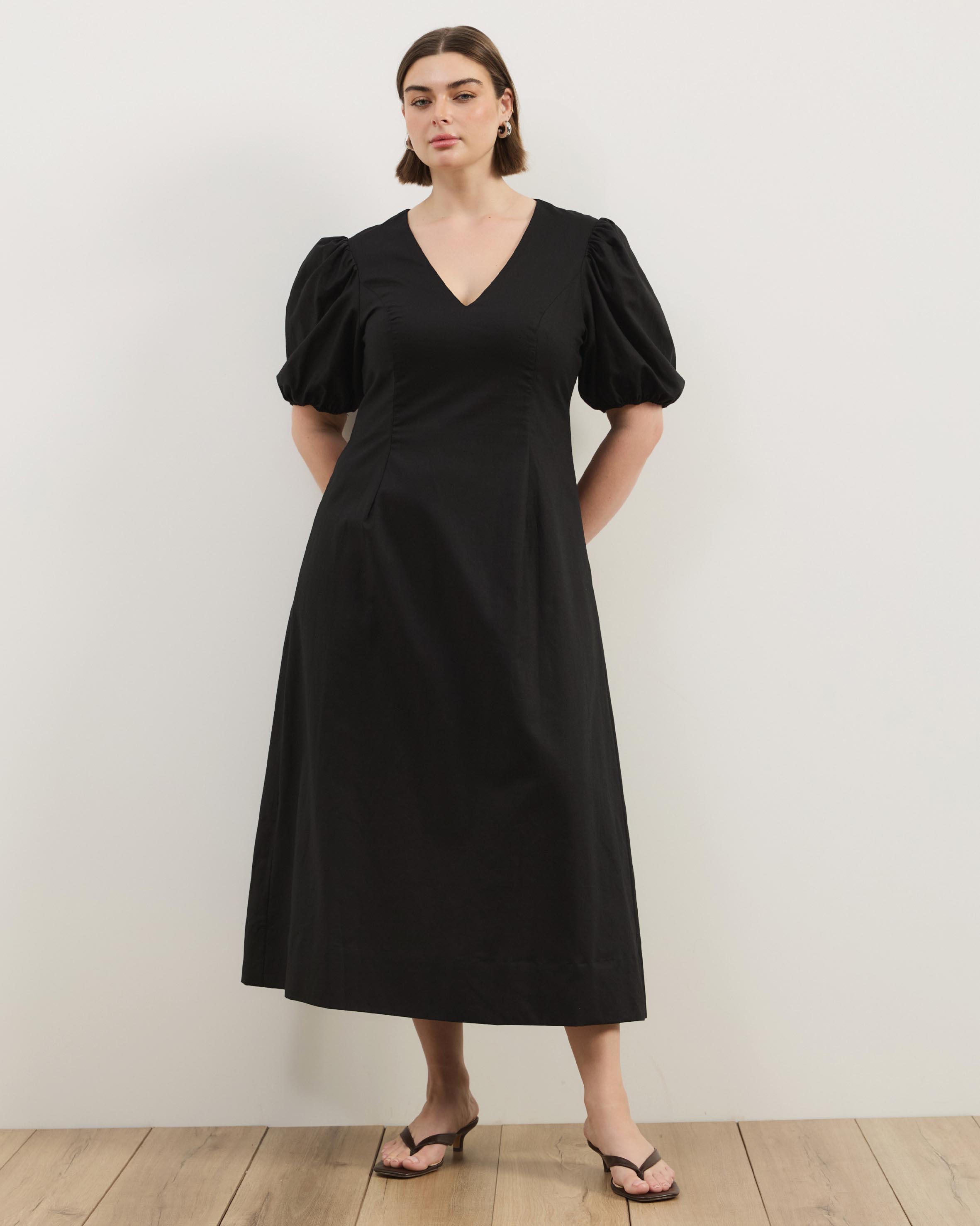 Stephanie Sweetheart Puff Sleeve Linen Blend Midi Dress