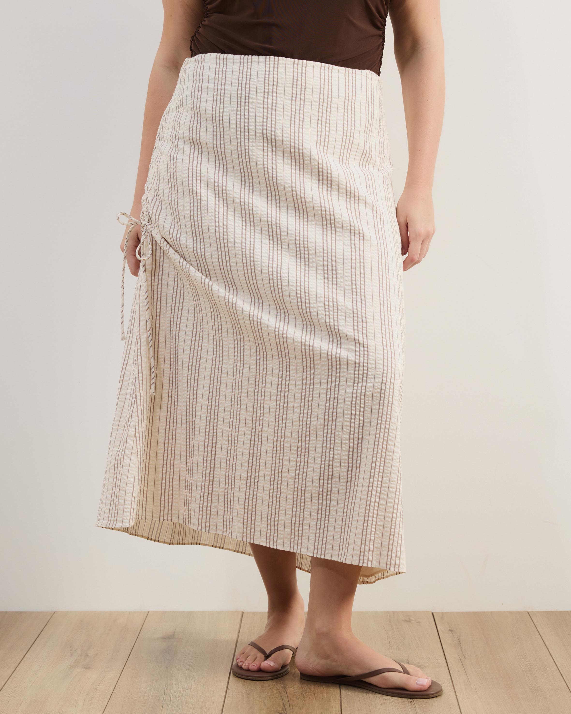 Sally Striped Cotton Ruched Side Tie Midi Skirt