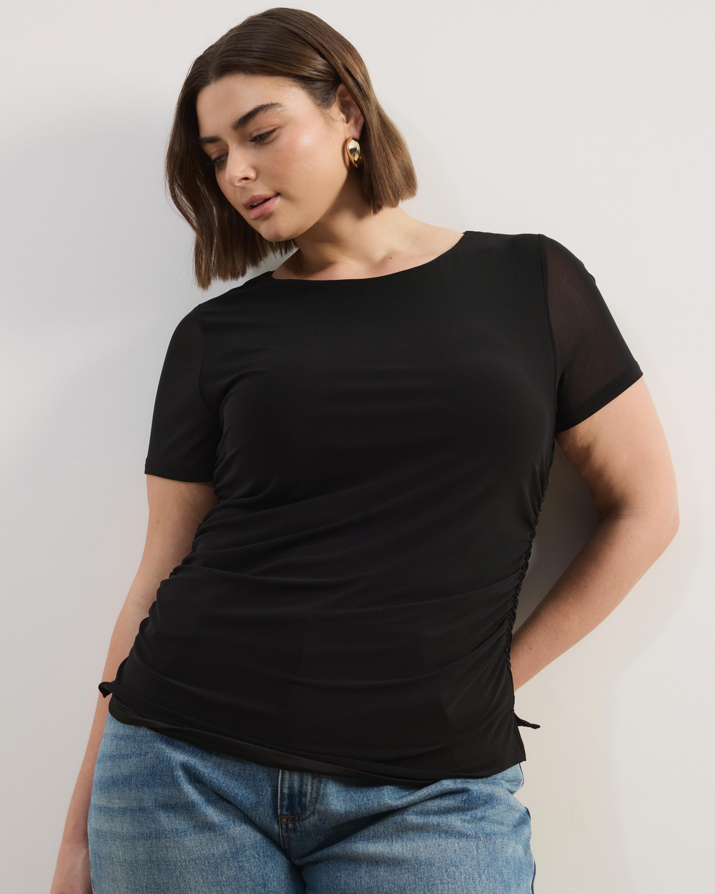 Maya Mesh Cap Sleeve Boat Neck Top