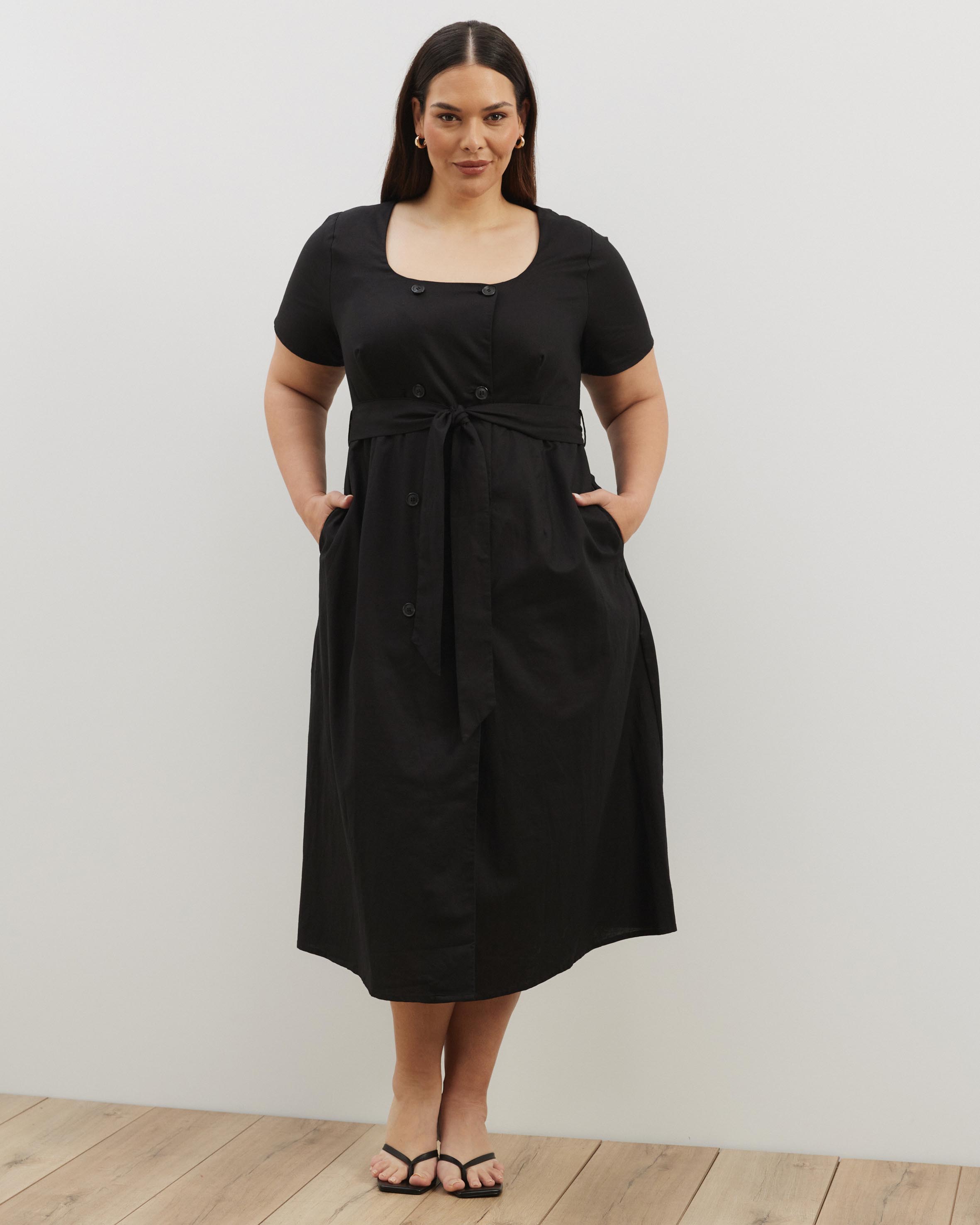 Dasha Scoop Neck Linen Blend Midi Dress