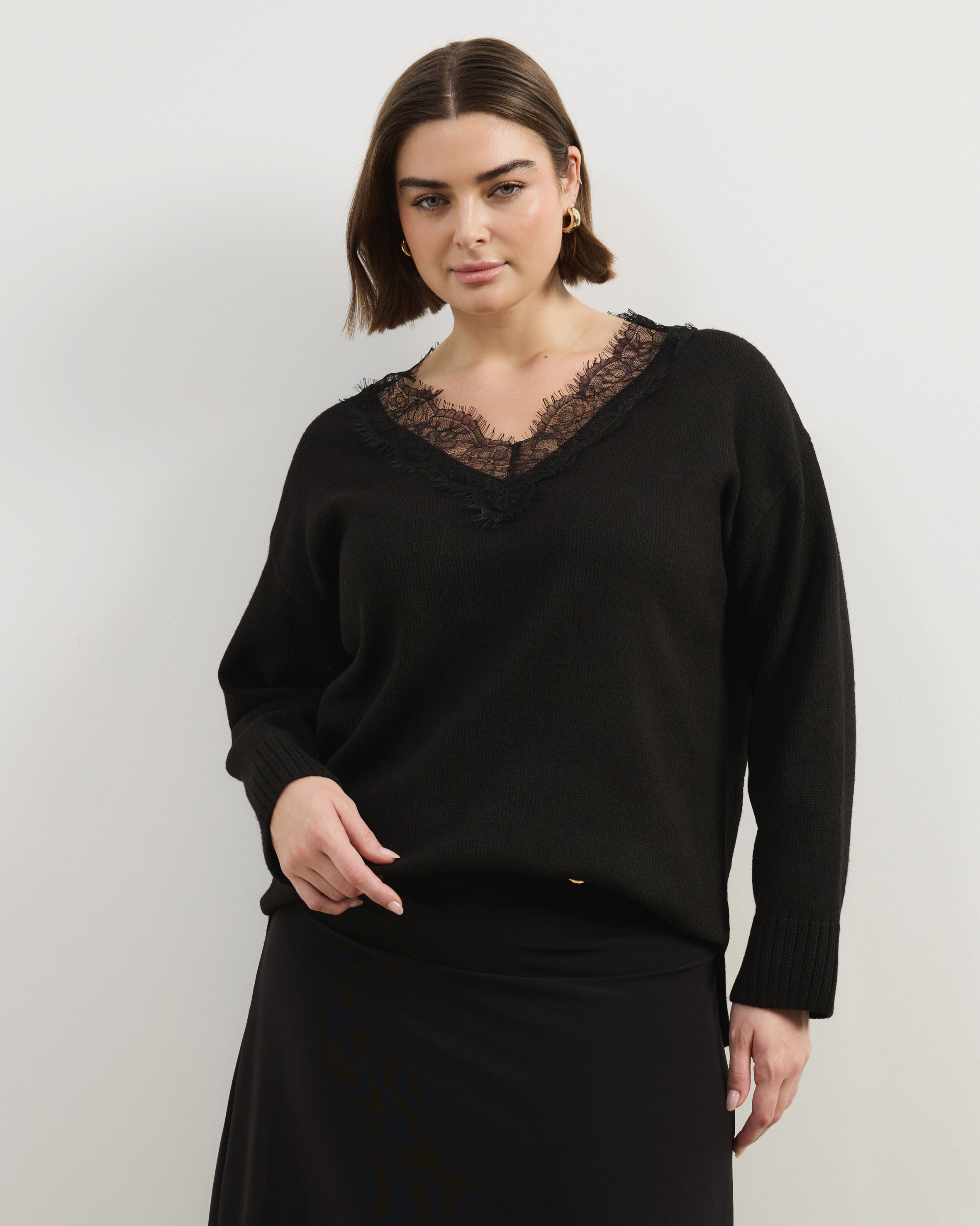 Teo V Neck Knit Jumper With Lace Trim