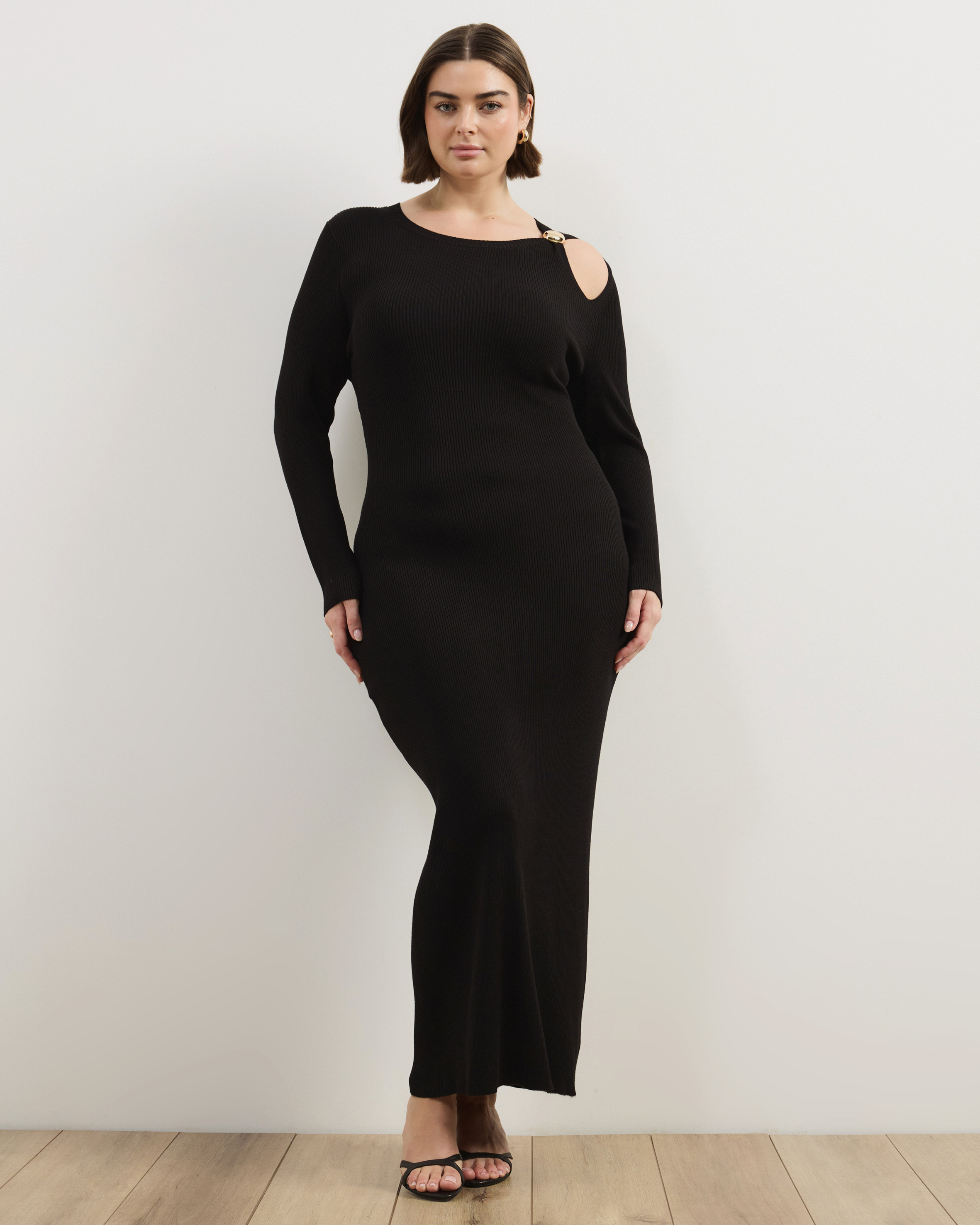 Liv Long Sleeve Rib Knit Midi Dress With Hardware Detail