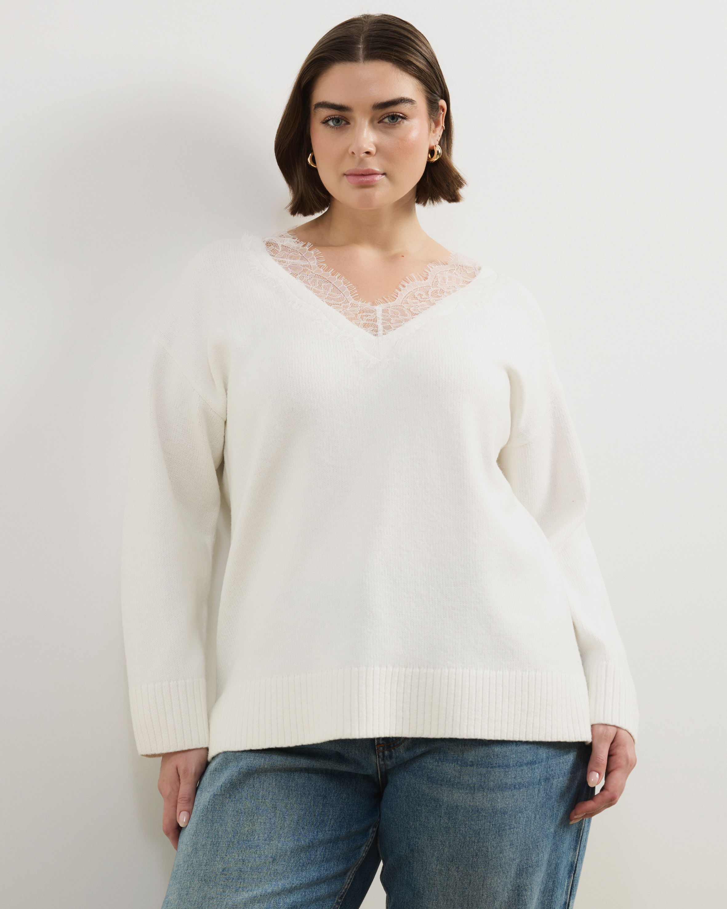 Teo V Neck Knit Jumper With Lace Trim